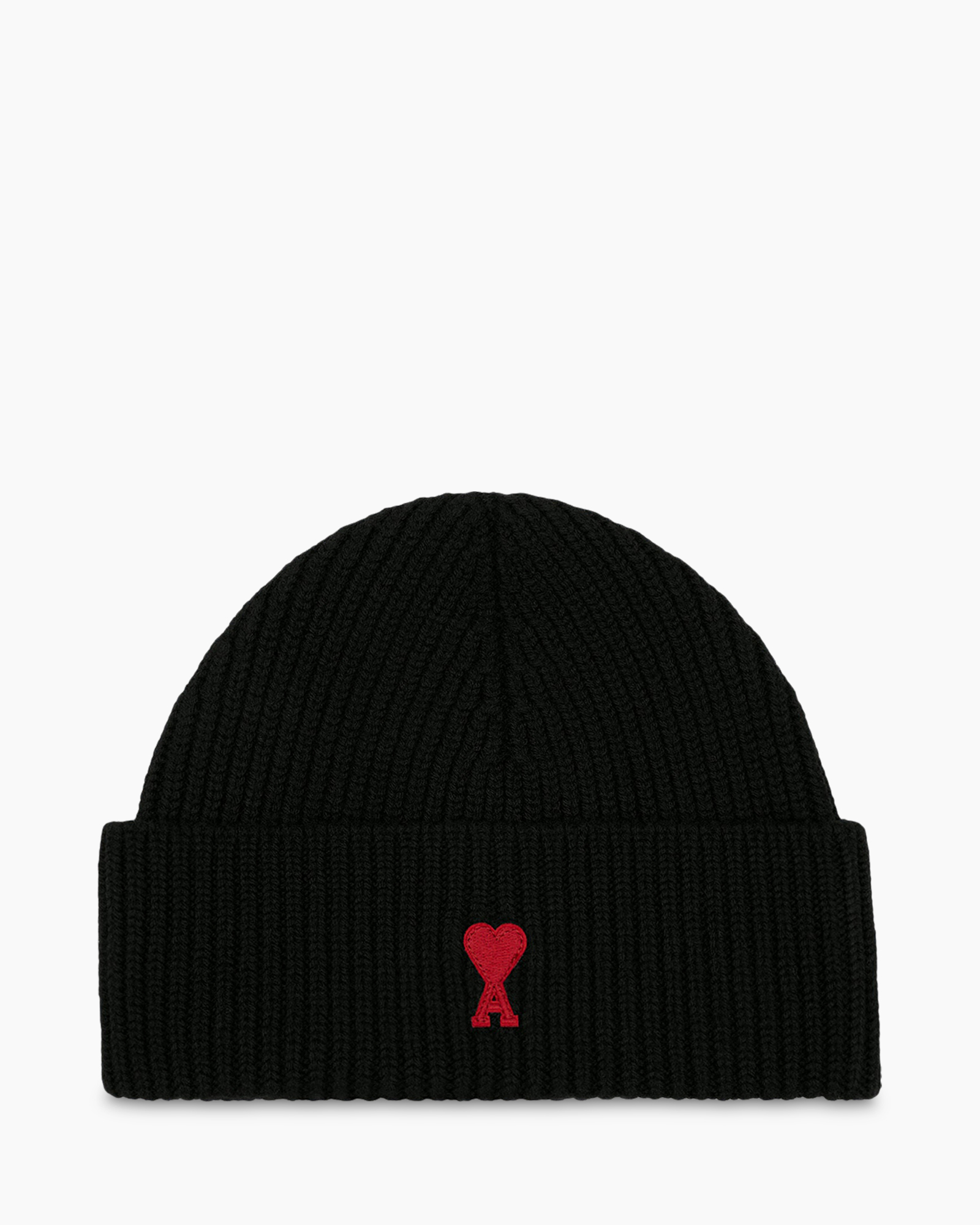beanie, knit hat, black, folded cuff, embroidered heart
