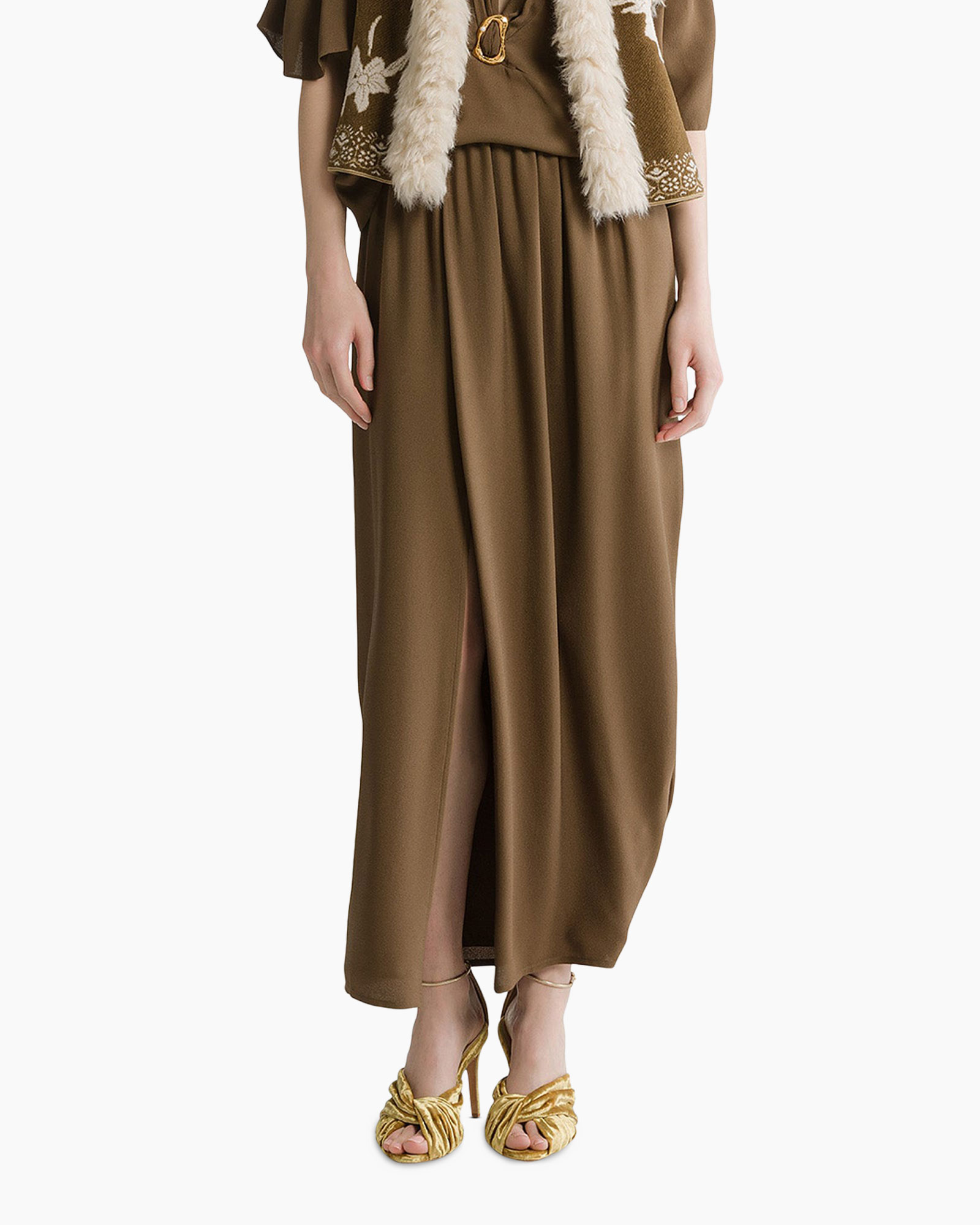 brown skirt, wide leg, slit, ankle length, gold sandals