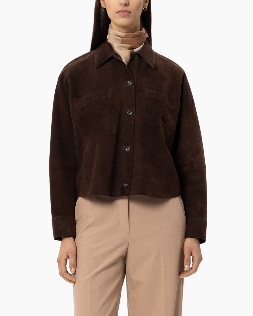 brown suede jacket, button-front, collared, long-sleeve, two-pocket jacket
