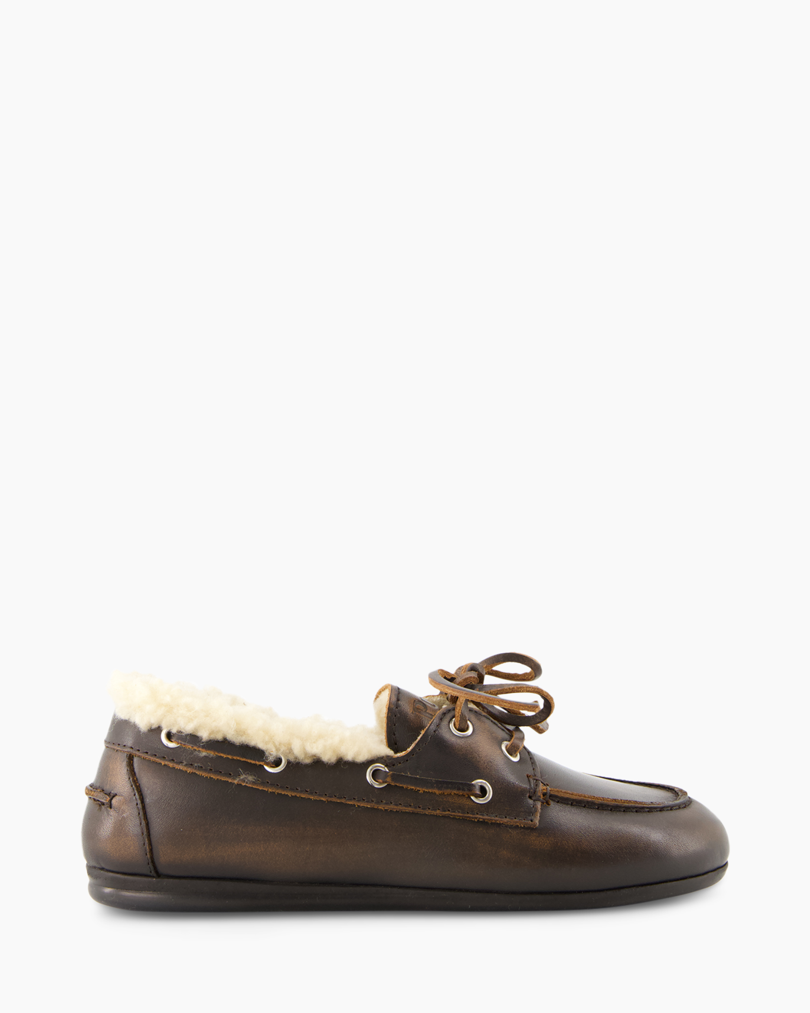 boat shoe, leather, brown, shearling, lacing