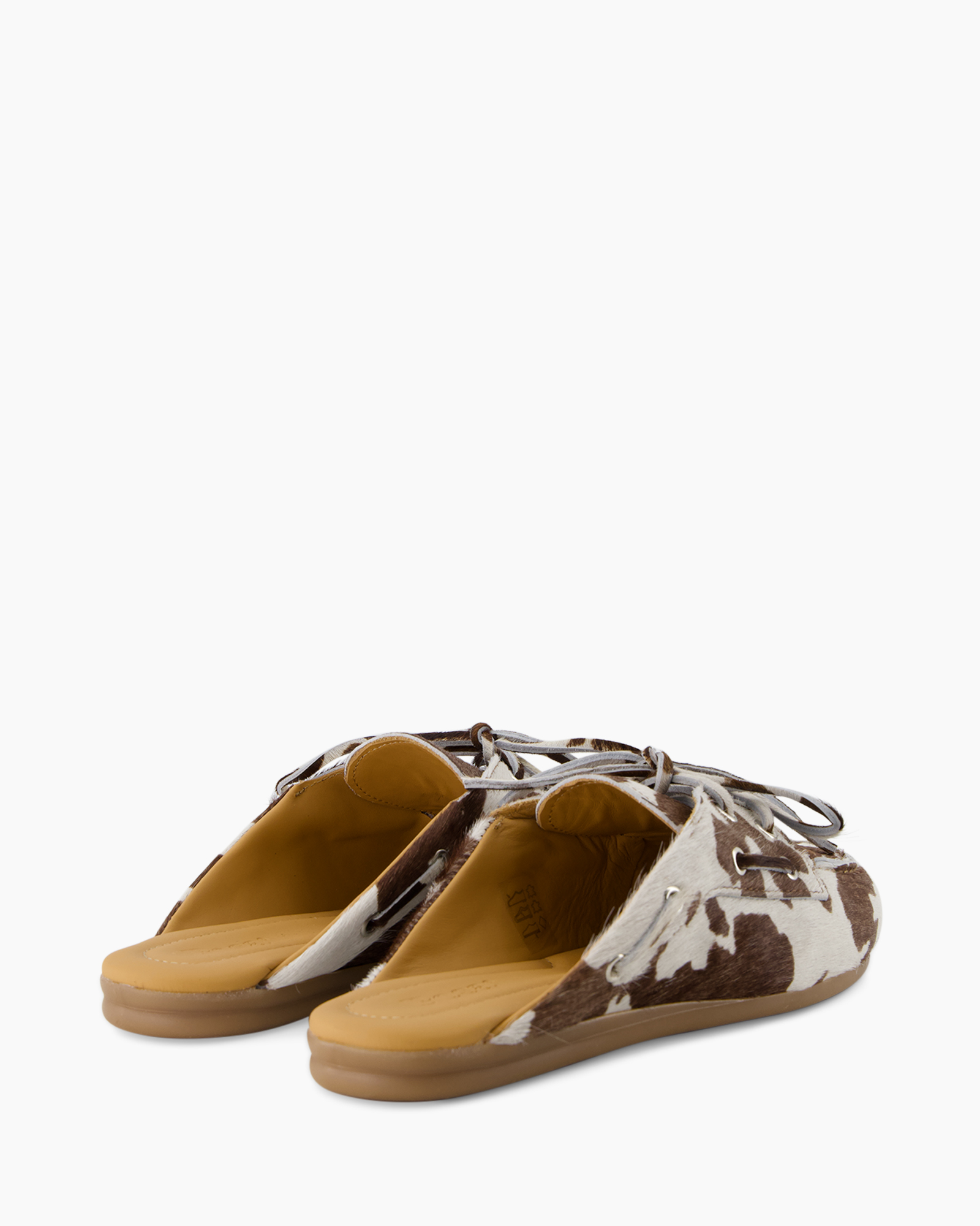 mule, slip-on, cowhide, calfskin, canvas-like, brown-white, leather-lined