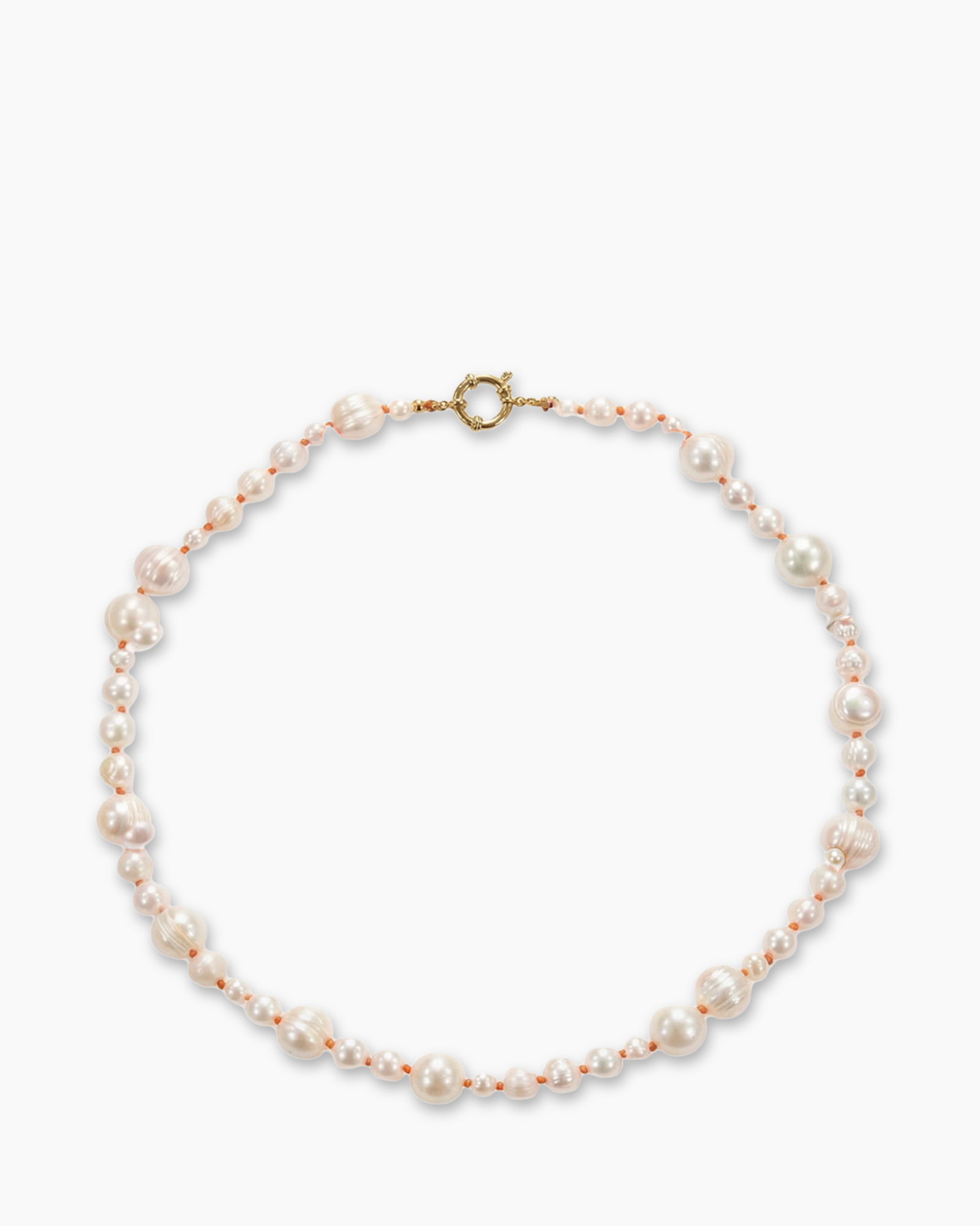 pearl necklace, baroque pearls, gold clasp, pink/peach pearls, beaded necklace