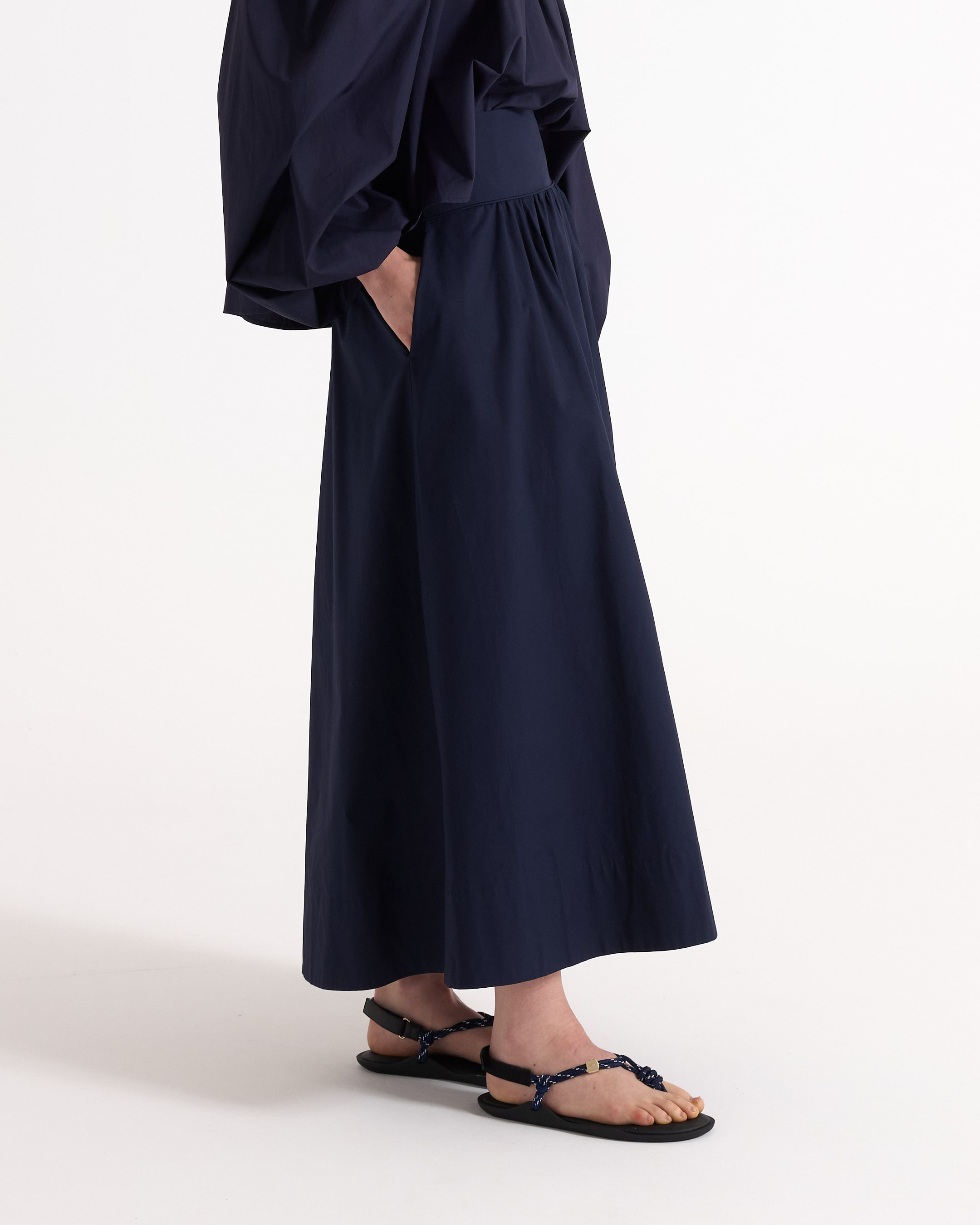 maxi dress, navy blue, one-shoulder, puff sleeve, calf-length
