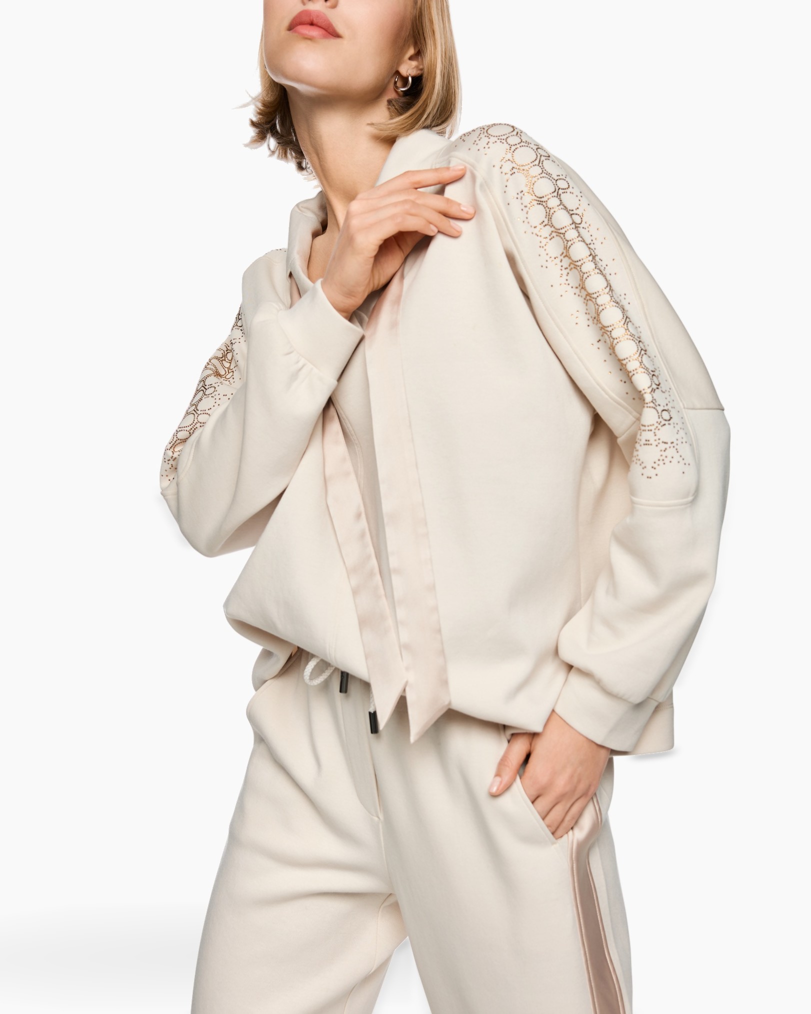 hoodie, sweatshirt, crepe, lace sleeves, beige