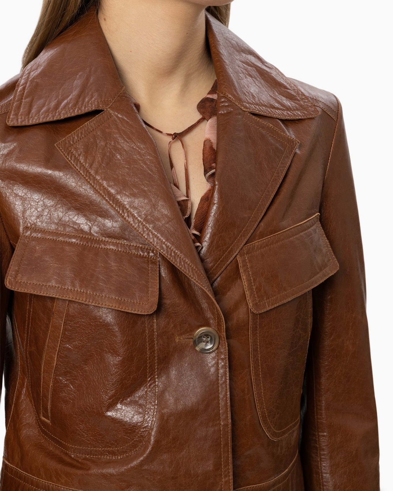 leather jacket, brown, coat, two pockets, buttoned