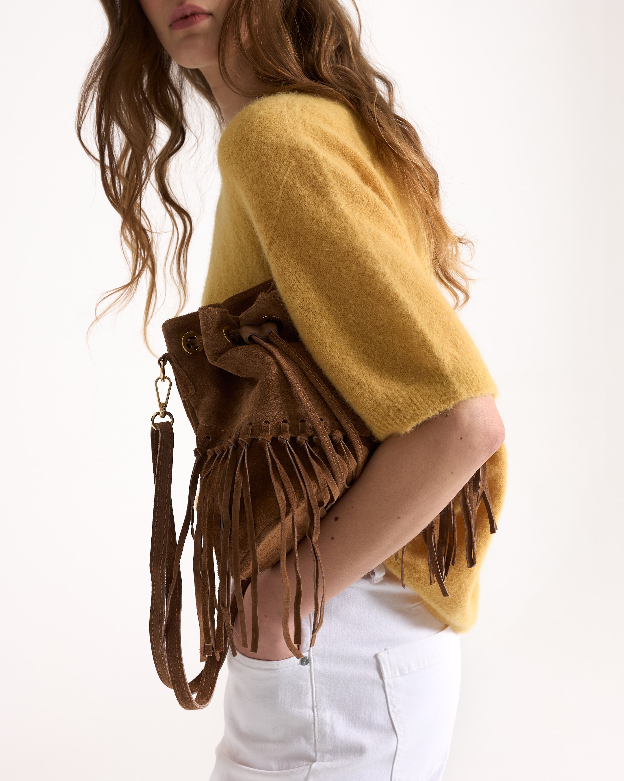 knit sweater, yellow, short sleeve, fringe bag, brown bag