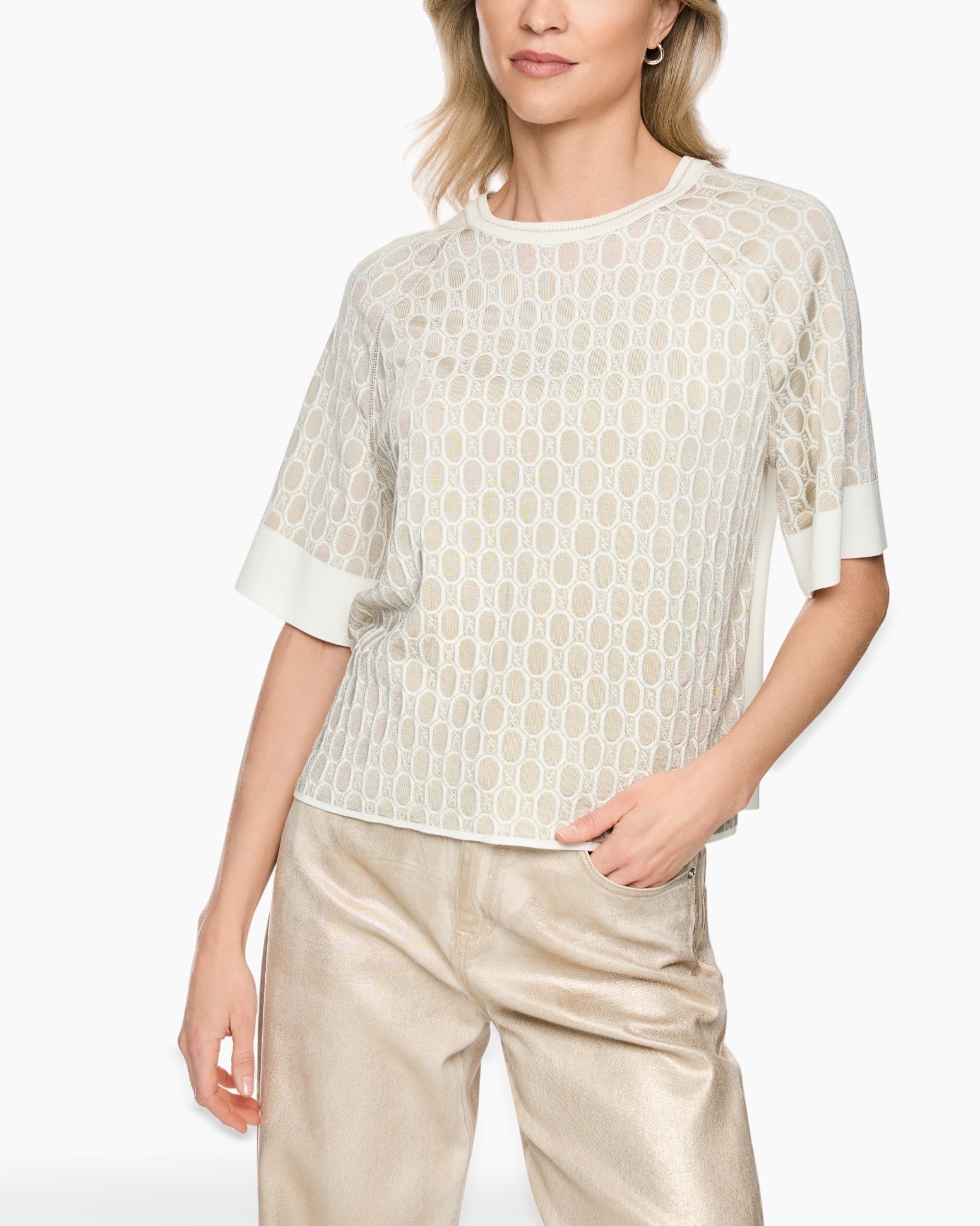 lace top, mesh pattern, short sleeve, beige, linen look