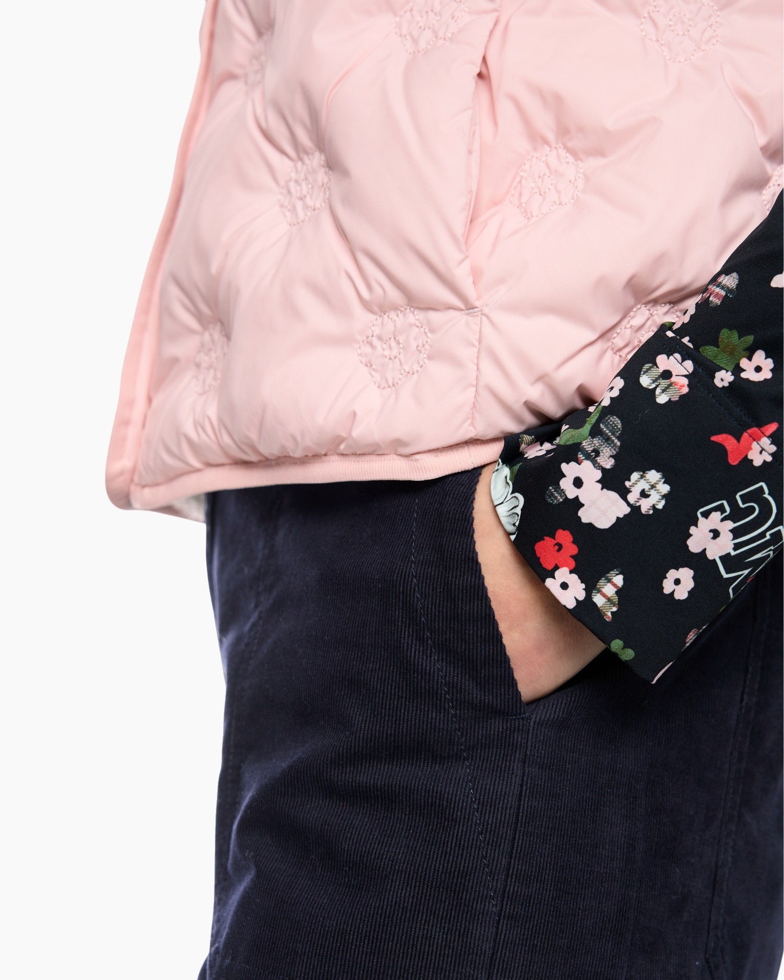 padded jacket, pink quilted, embroidered circles, light pink, outerwear