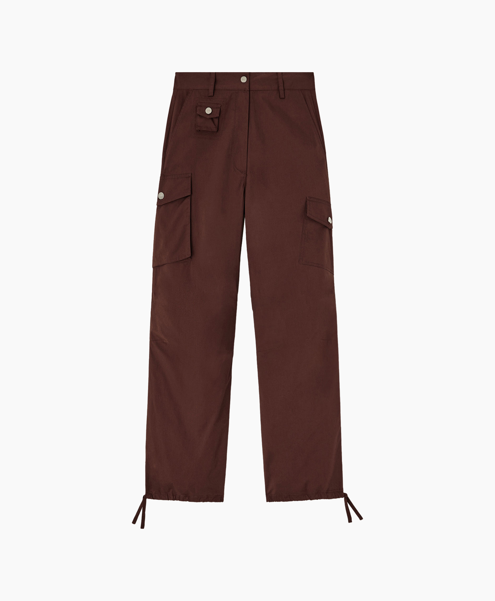 cargo pants, brown, drawstring hem, pockets, jogger style