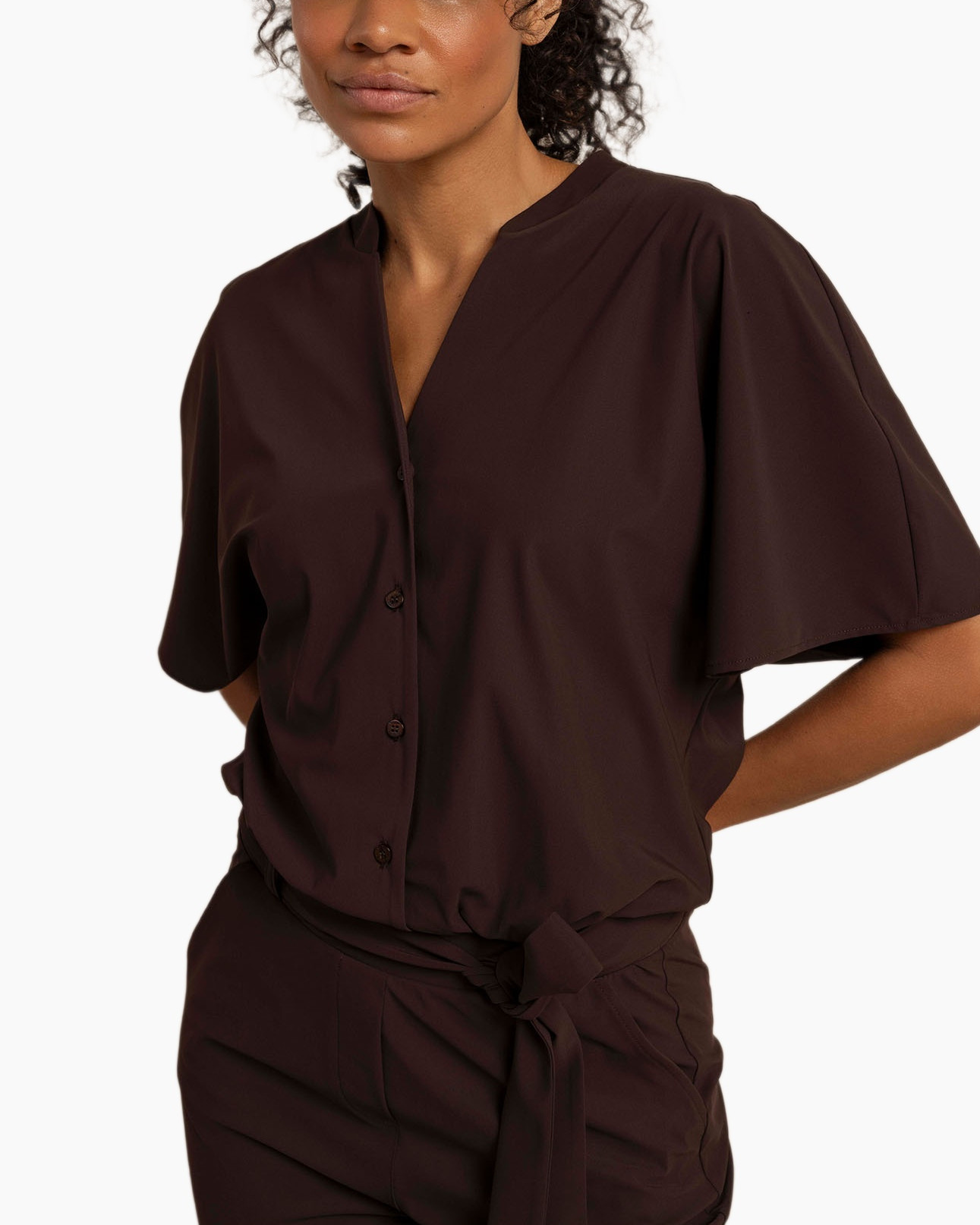 wide-leg pants, jumpsuit alternative, belly knot, solid color, brown