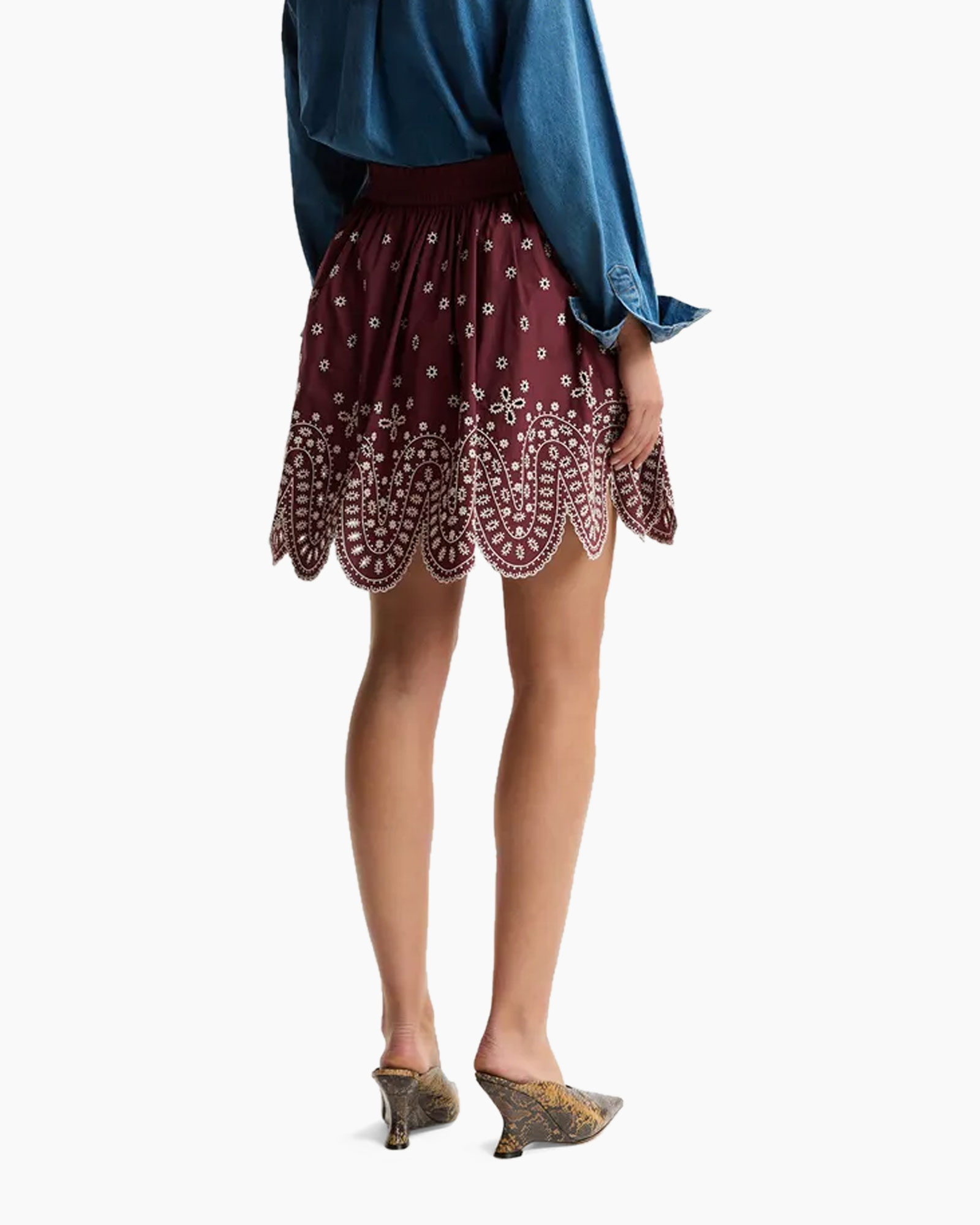 skirt, embroidery, bloom pattern, paisley edge, burgundy