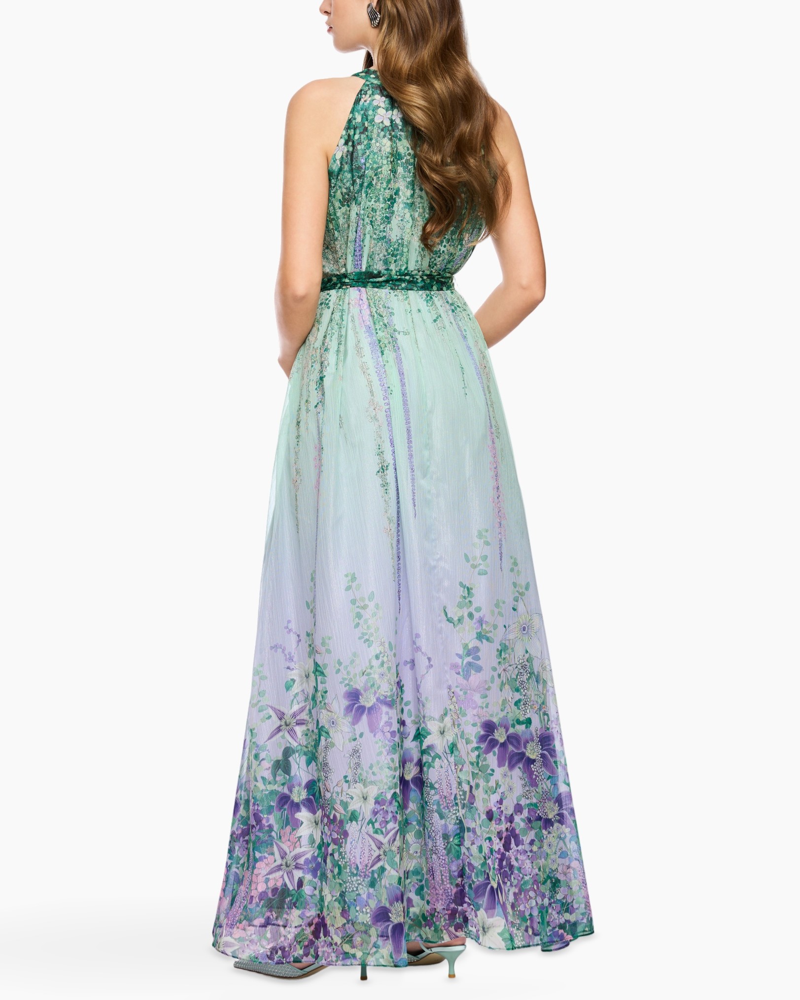 evening gown, floral print, green lavender, long dress, strapless back not visible