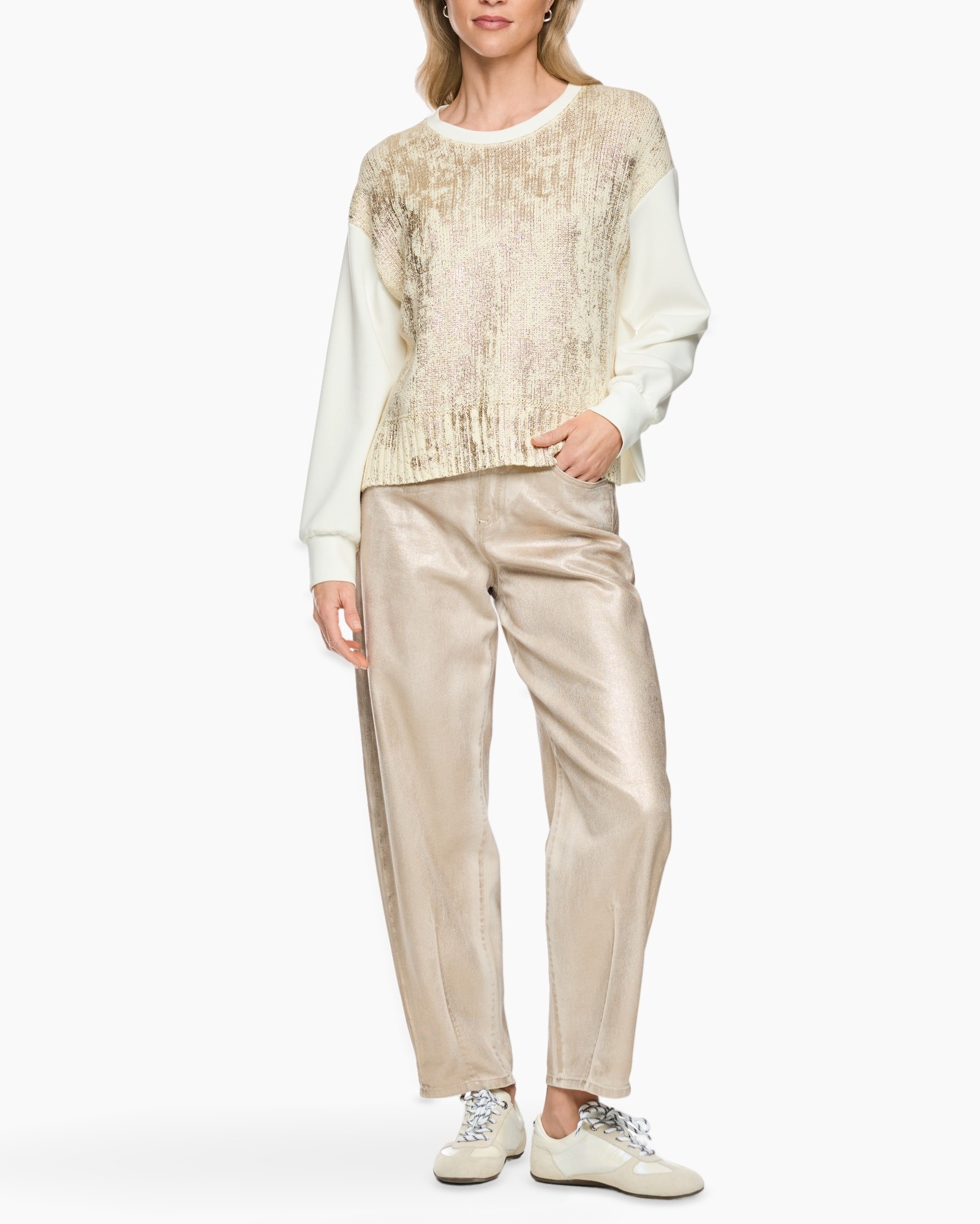 top, sweater, beige, silky-pants, sneakers