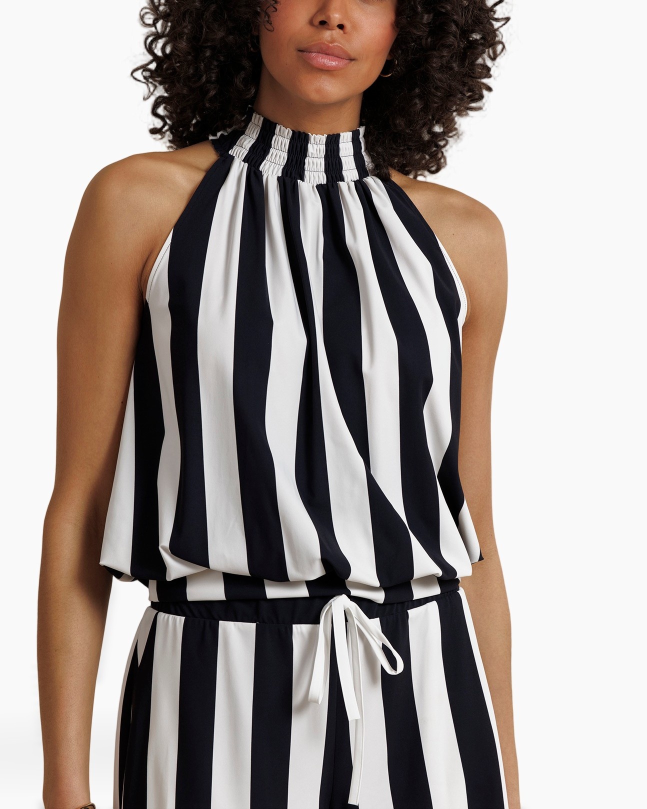 striped, halter, black white, jumpsuit, smocked neck
