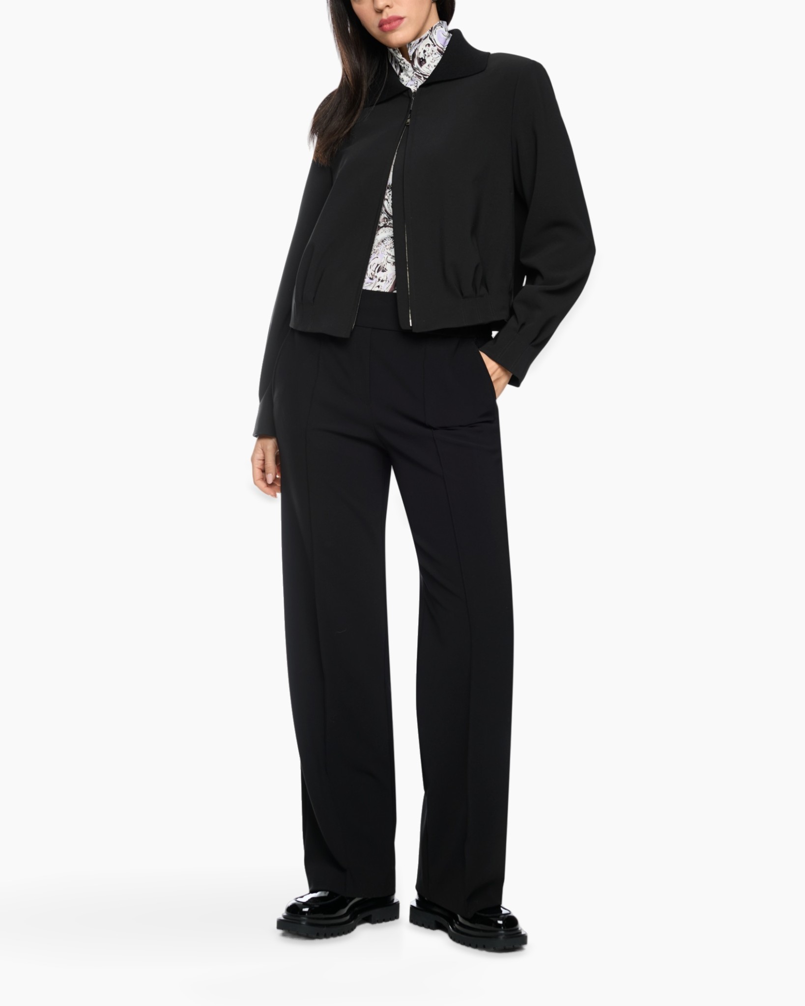 black jacket, bomber jacket, long pants, pantsuit, leather-like shoes