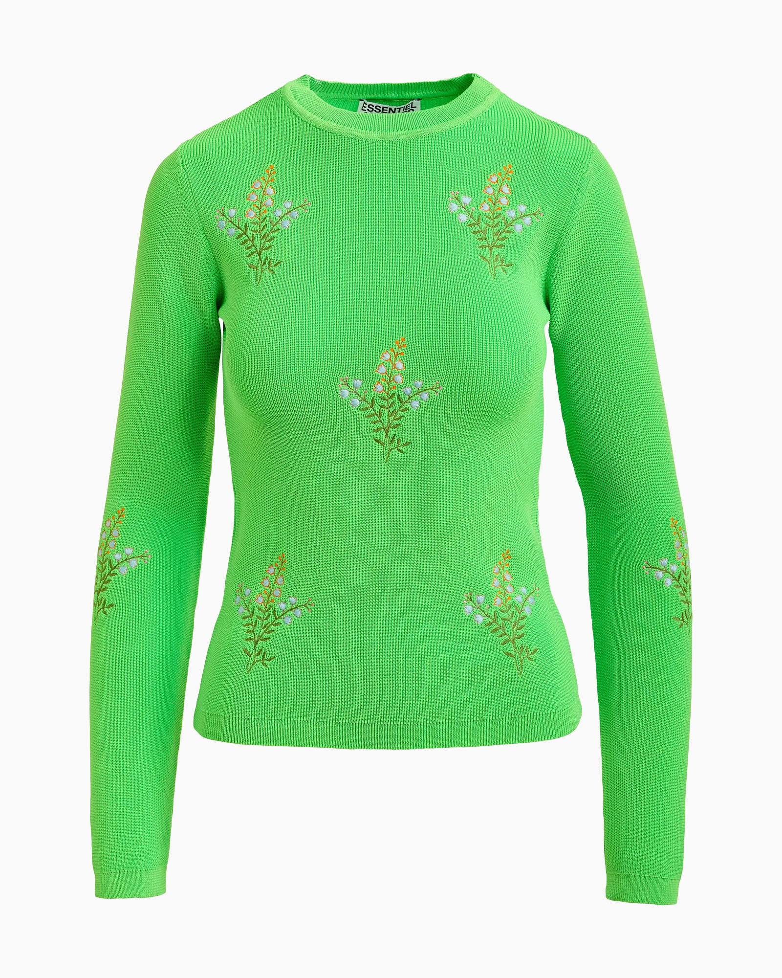 knit sweater, green, floral embroidery, long sleeve, crew neck