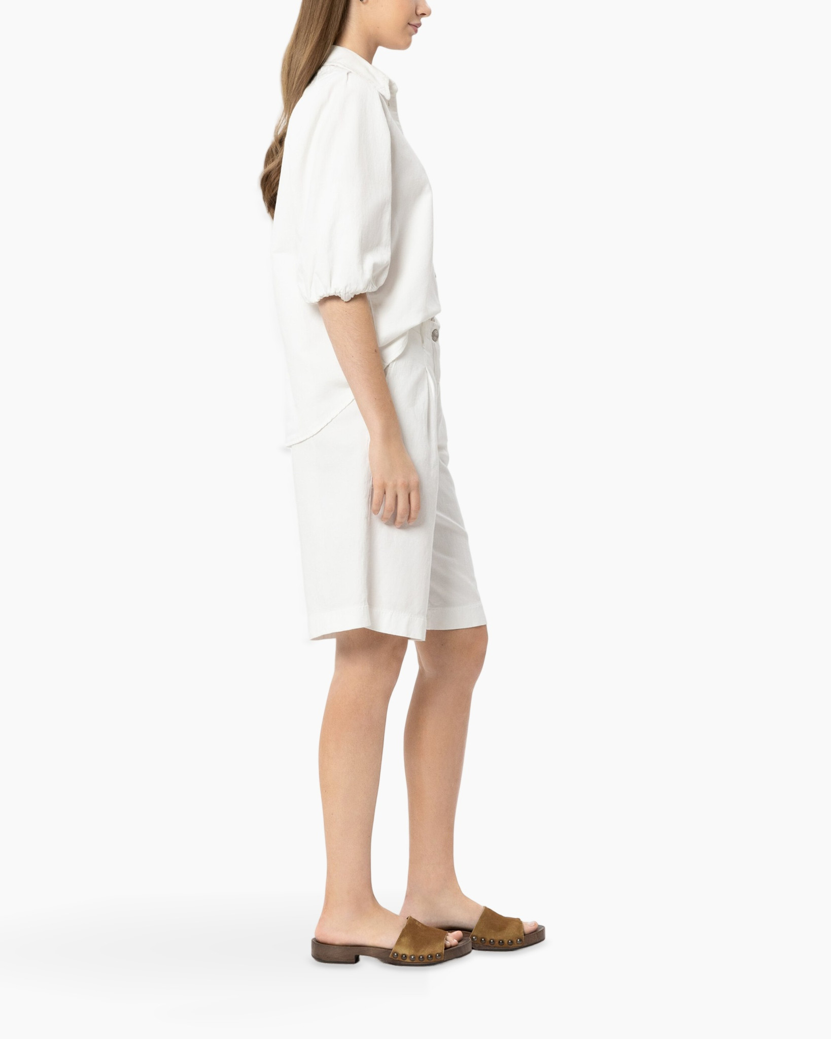 white, linen, shorts, shirt, sleeve-puff