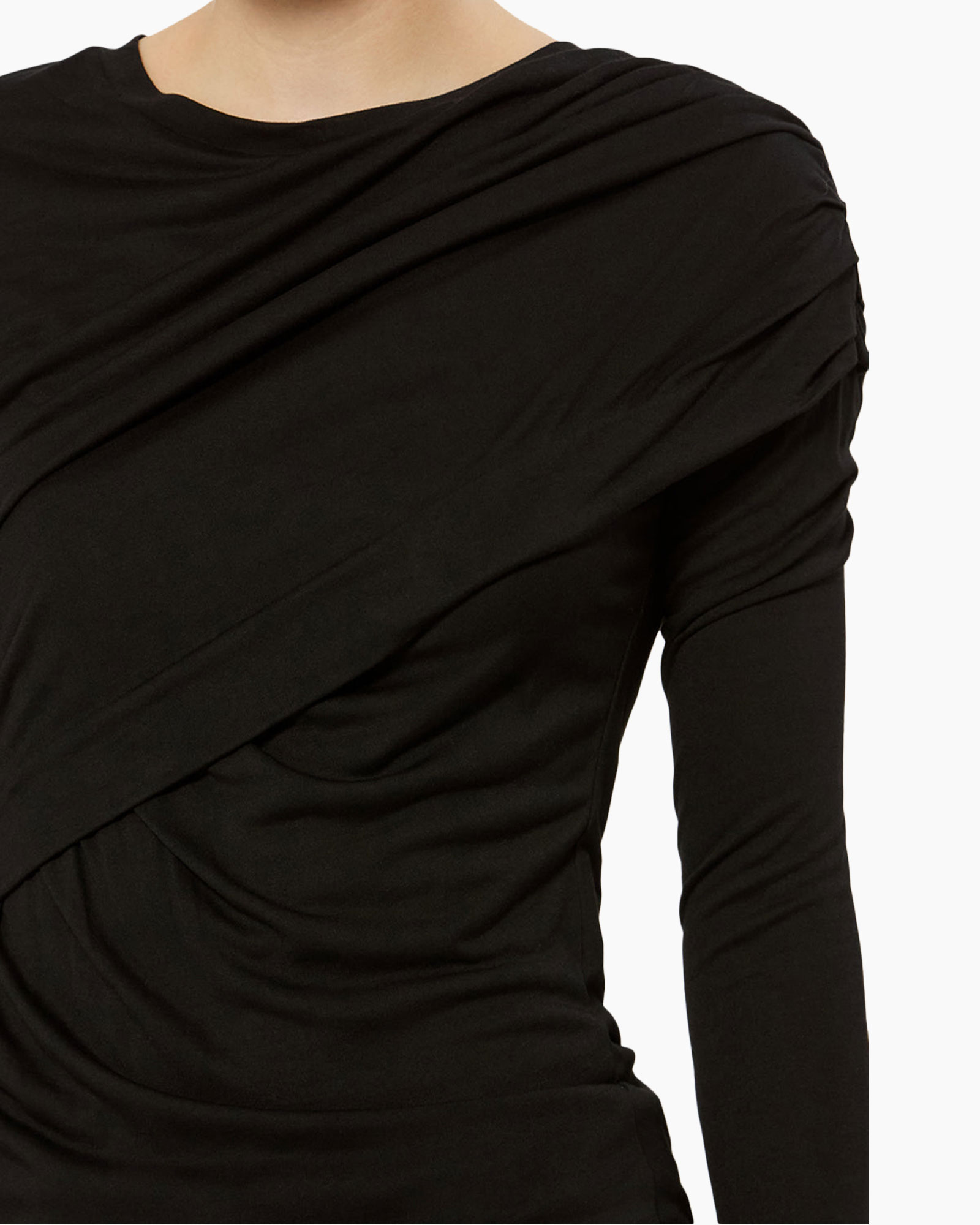 black top, ruched bodice, long sleeve, crew neck, soft knit