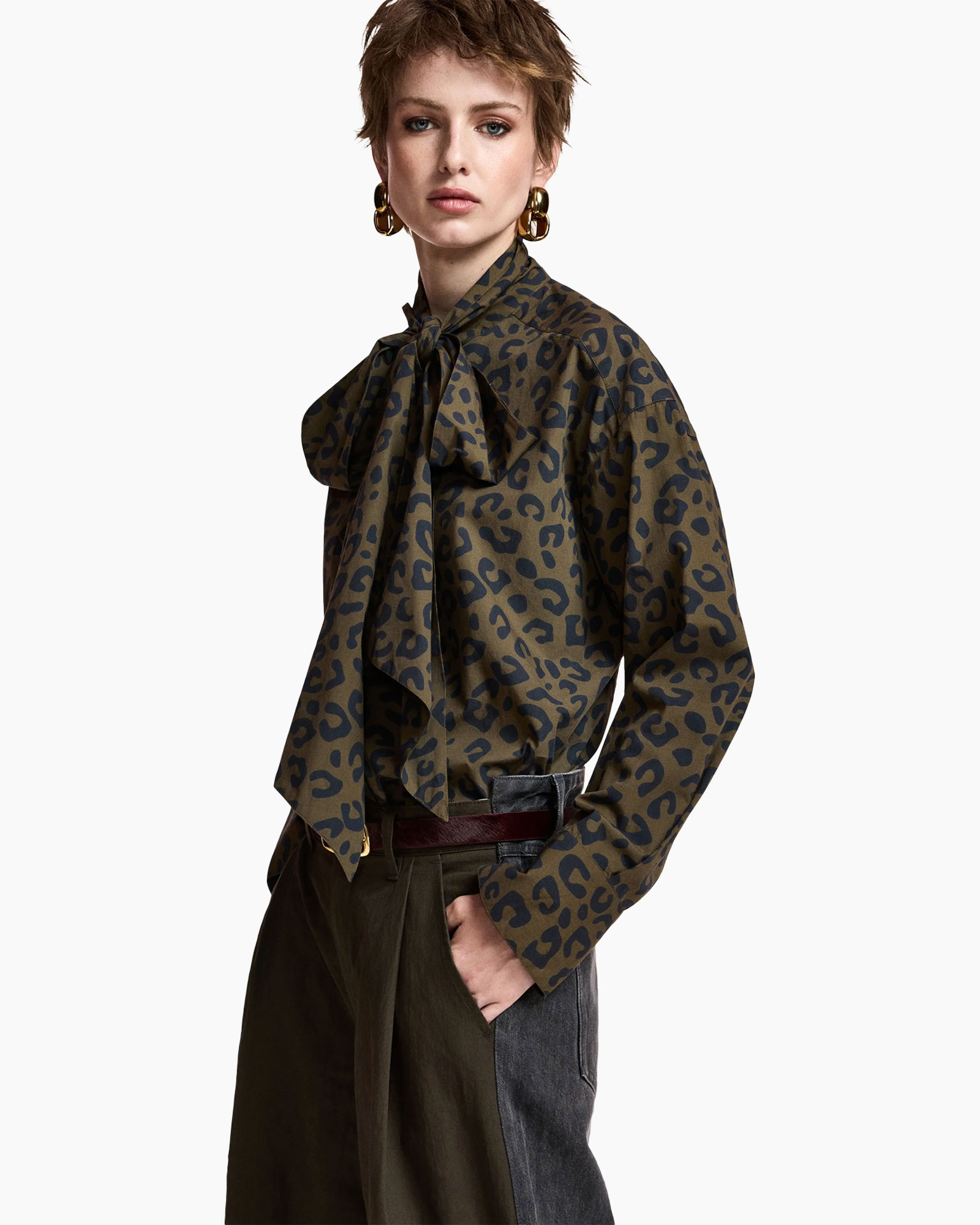 leopard print, blouse, long sleeves, tie neck, olive green