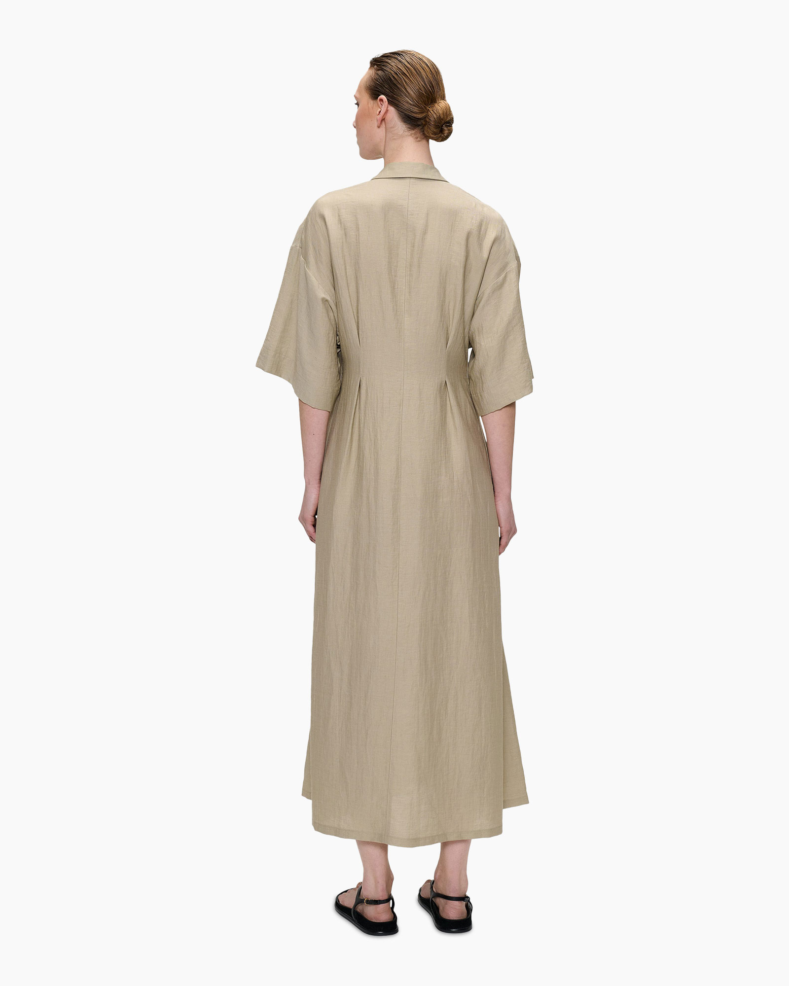 shirt dress, beige, cinched waist, button-down, long dress