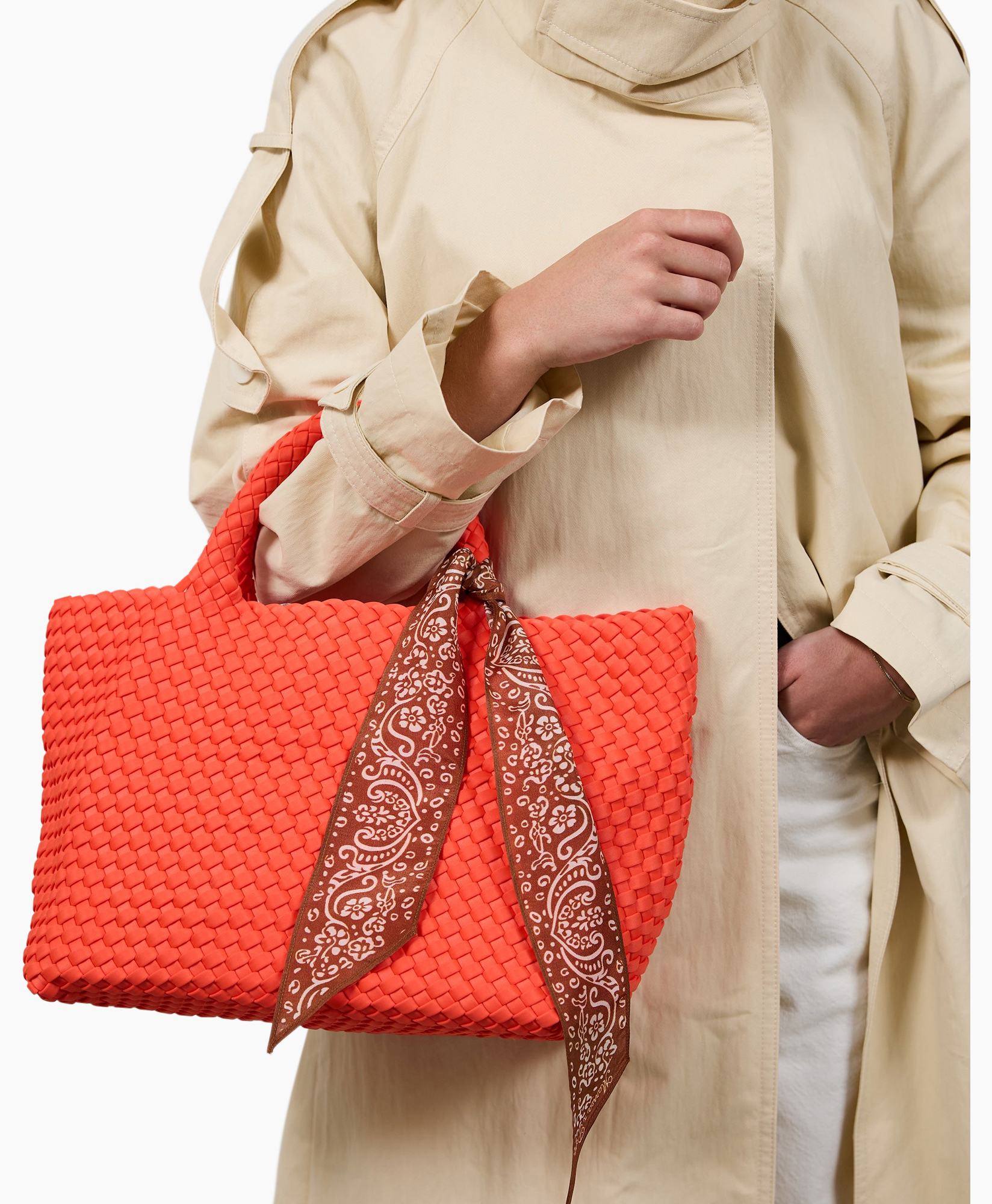 woven bag, orange handbag, bandana scarf, tote bag, casual accessory