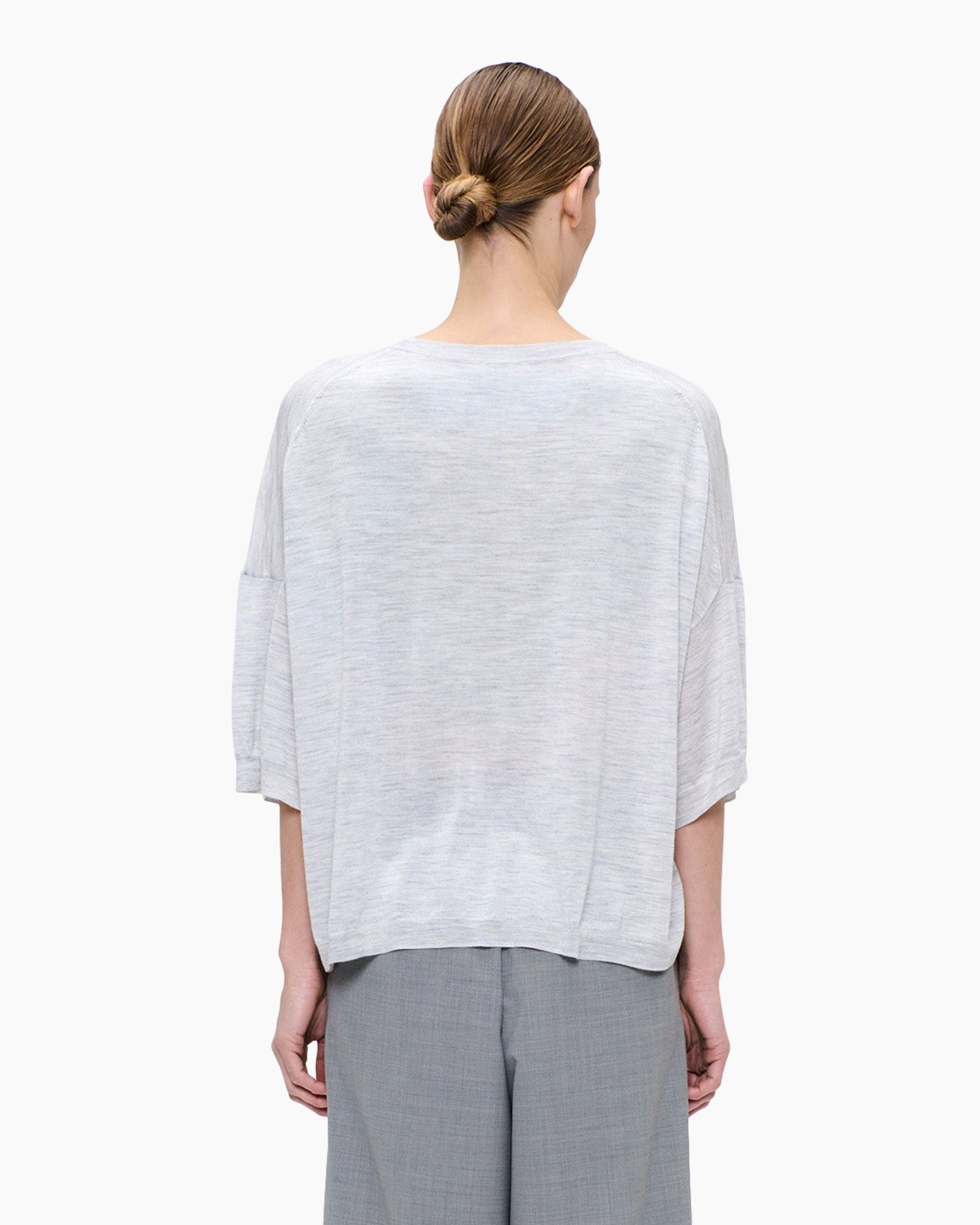 t-shirt, loose fit, light gray, short sleeve, back view