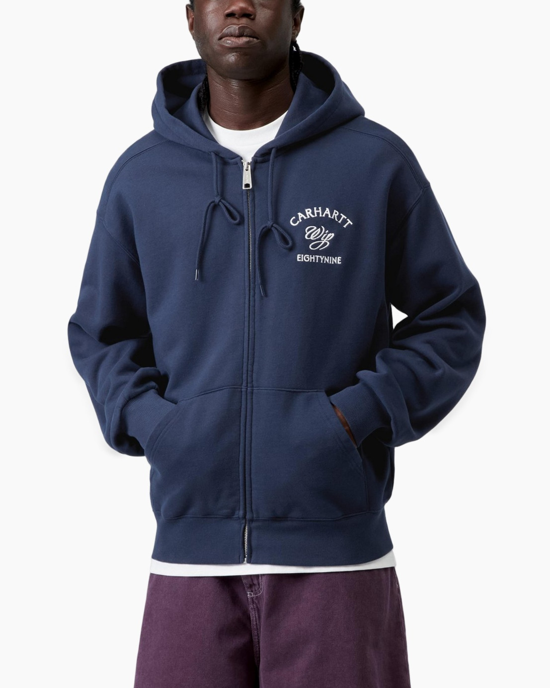 hoodie, zip-up, pullover, navy, logoless? not logo visible