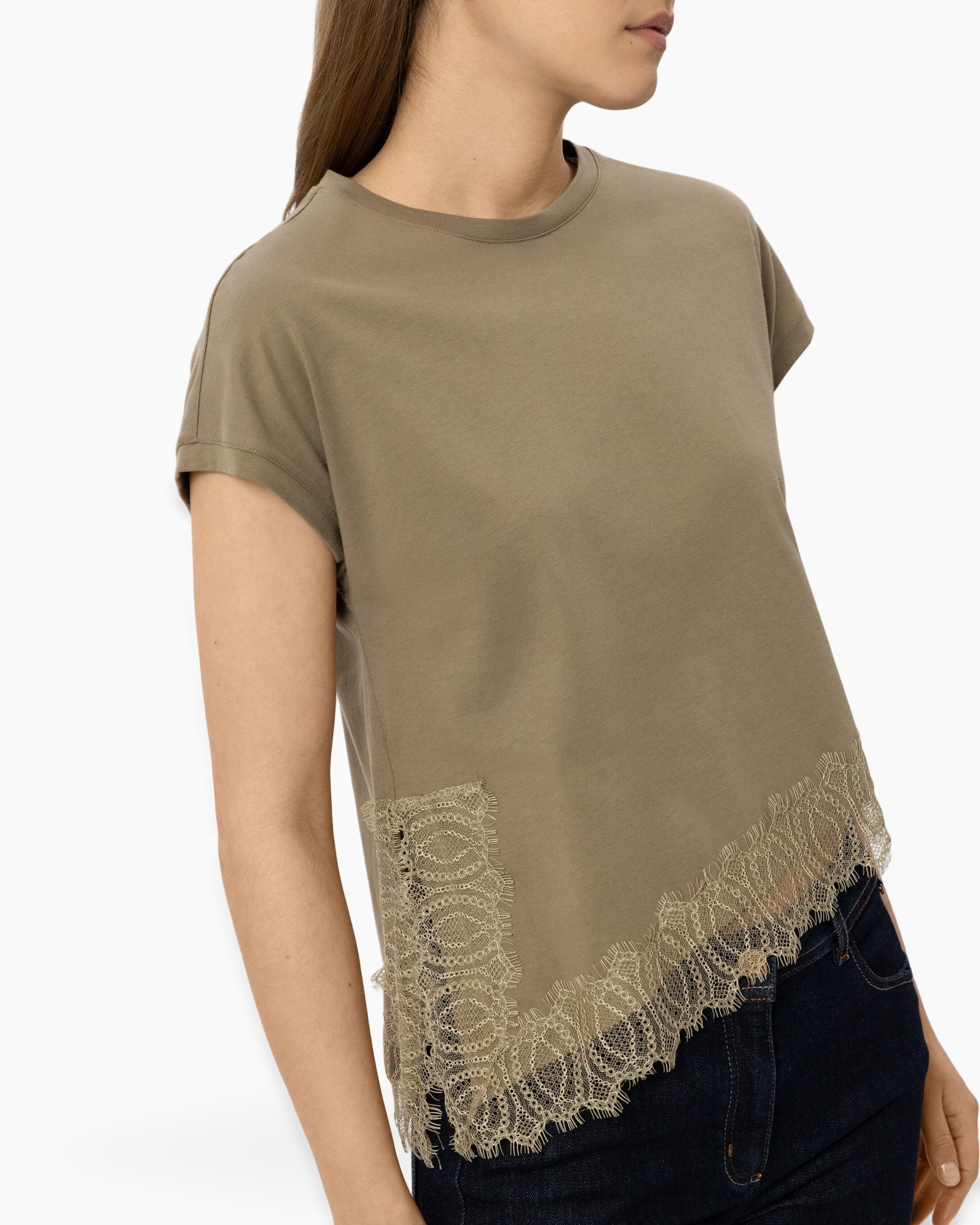 t-shirt, short sleeve, beige, lace hem, casual top