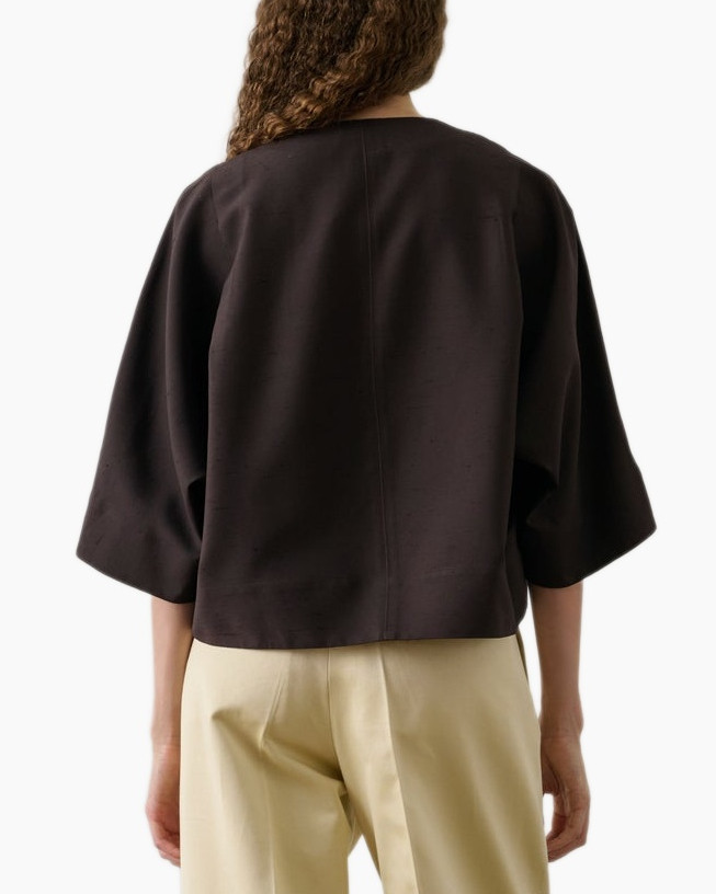 top, blouse, loose fit, dark brown, short sleeves