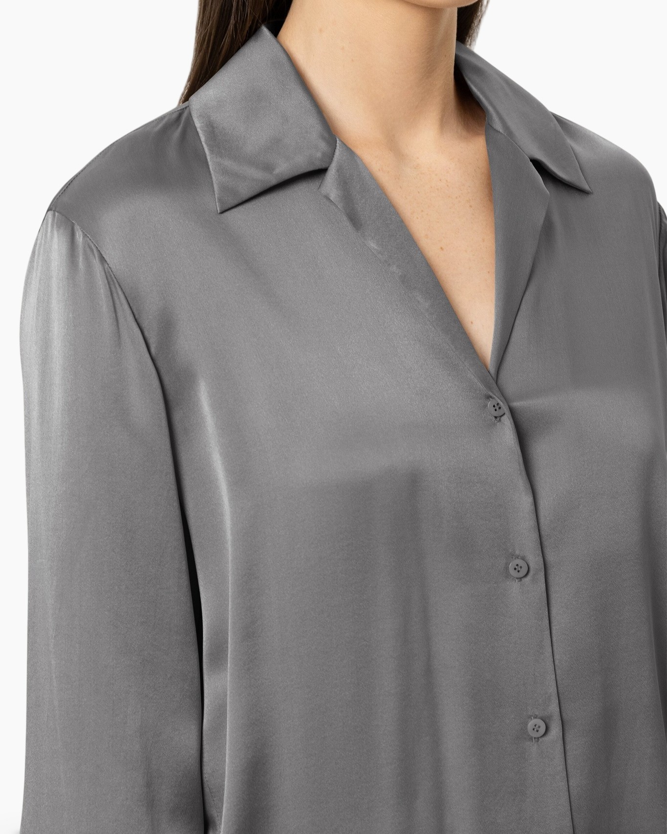 silk, blouse, button-down, gray, collared