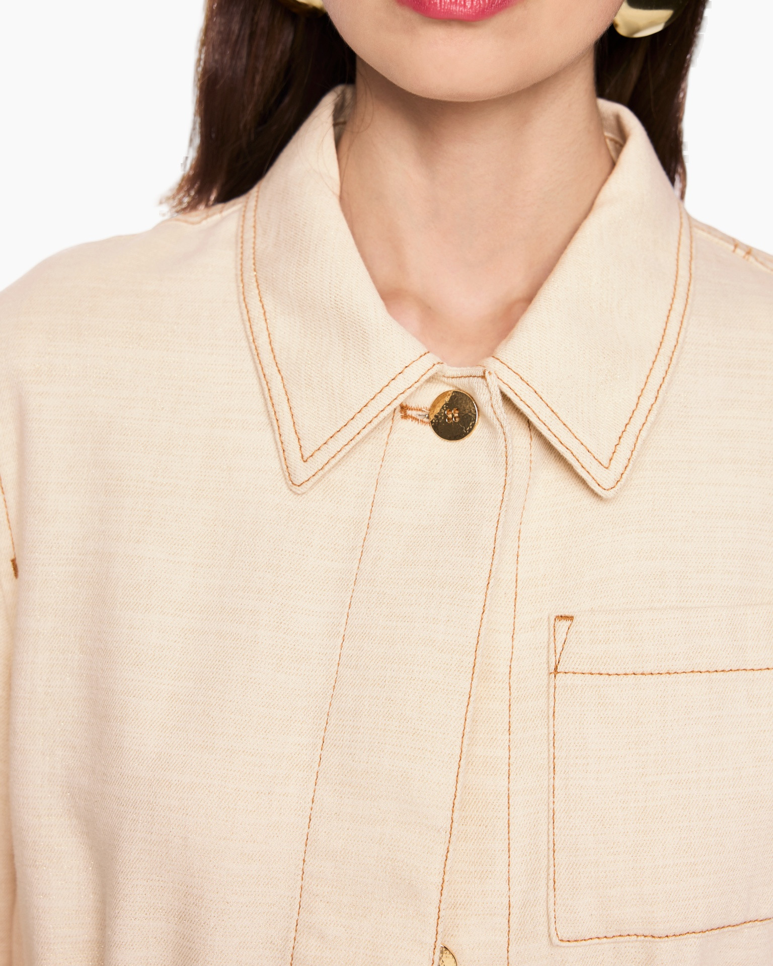 collared shirt, beige, button, stitching, pocket