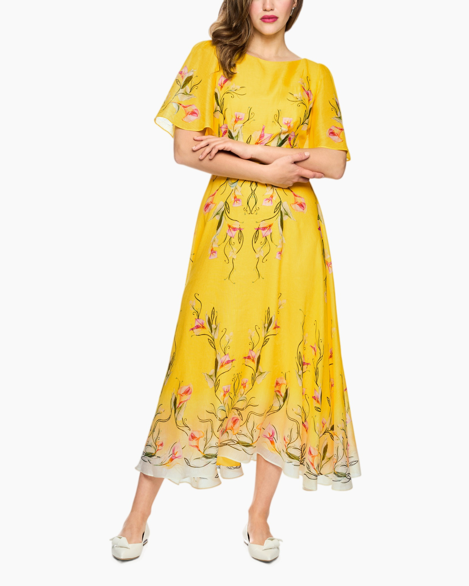 dress, yellow, floral, midlength, embroidery