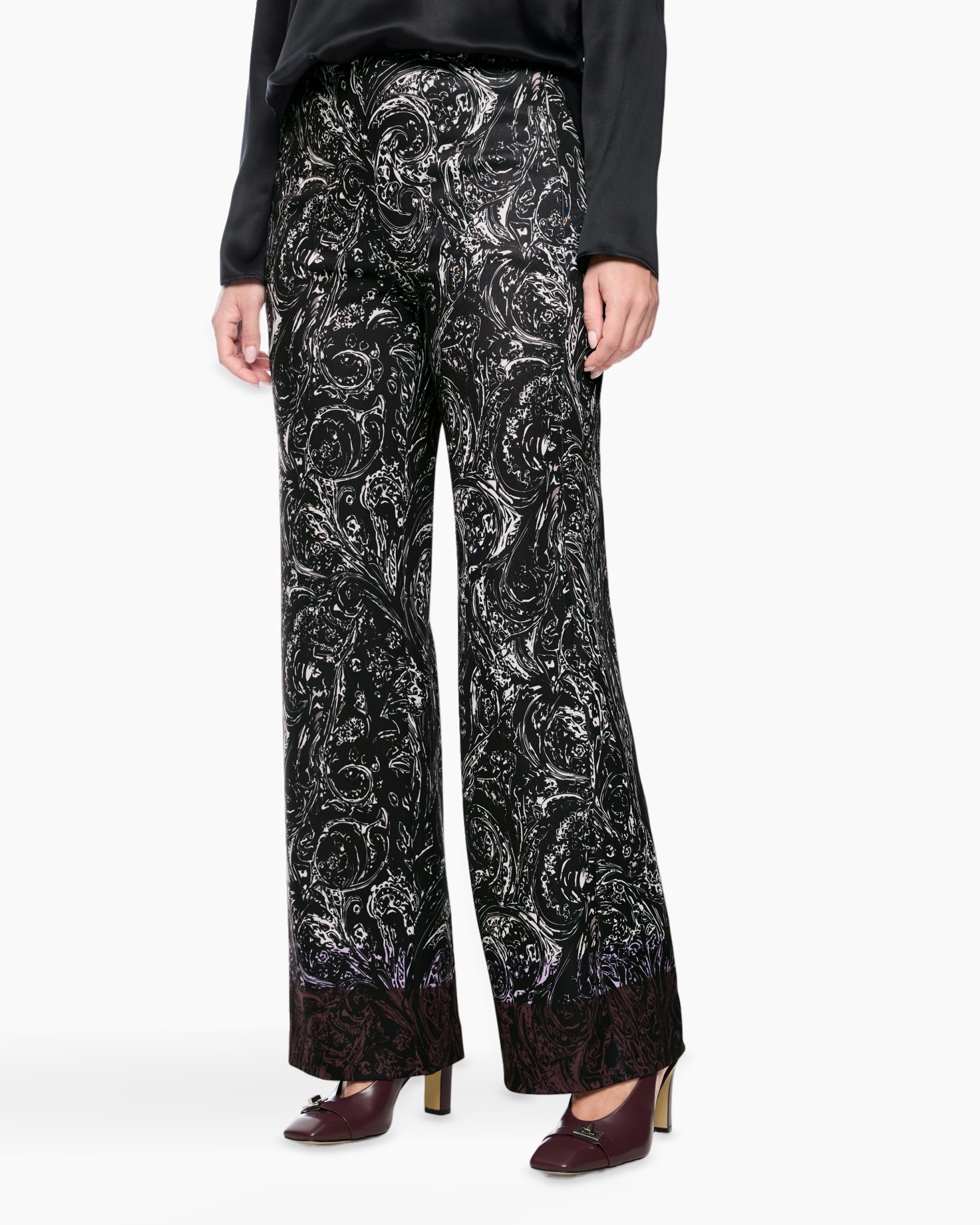 wide-leg pants, palazzo pants, paisley pattern, black white, ankle length