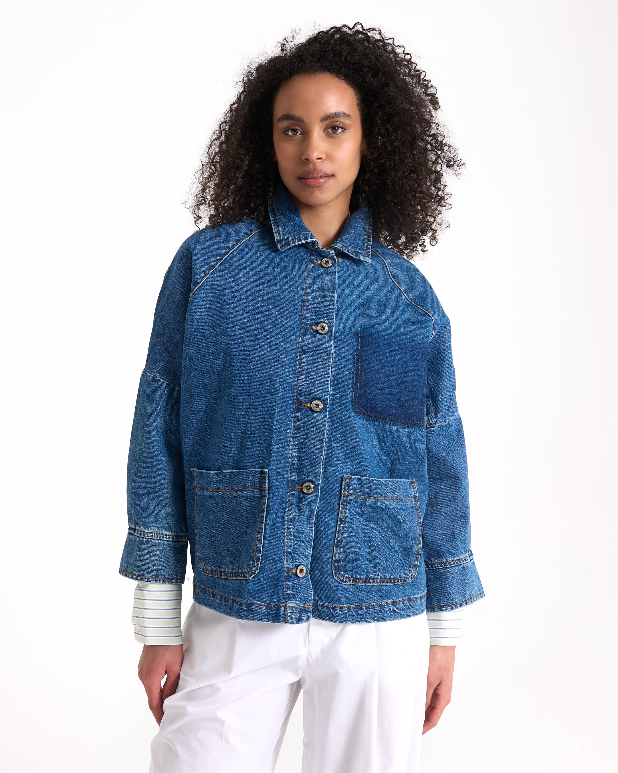 denim jacket, blue, patch pocket, button front, long sleeves