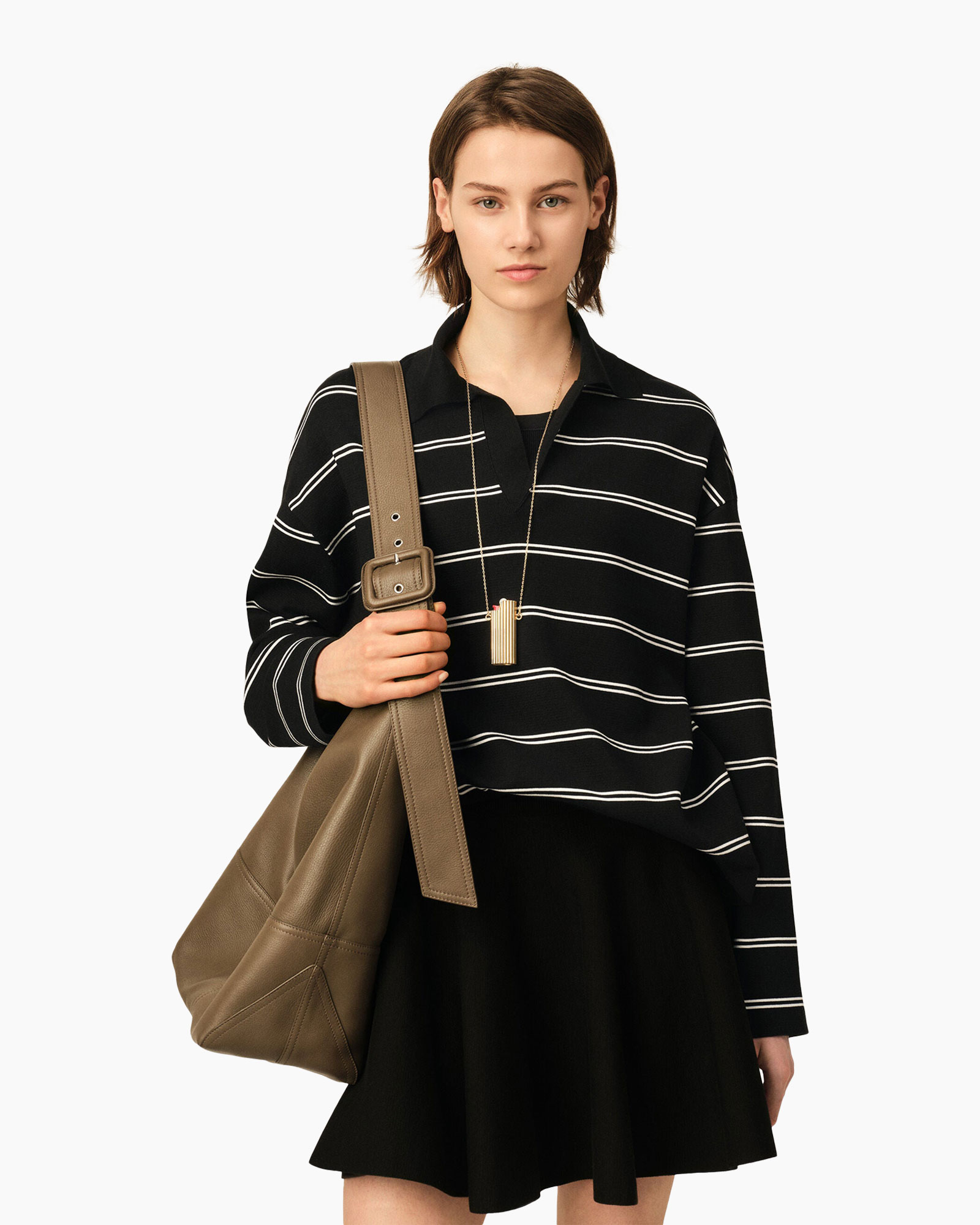 stripe sweater, long sleeves, black top, cargo bag, necklace