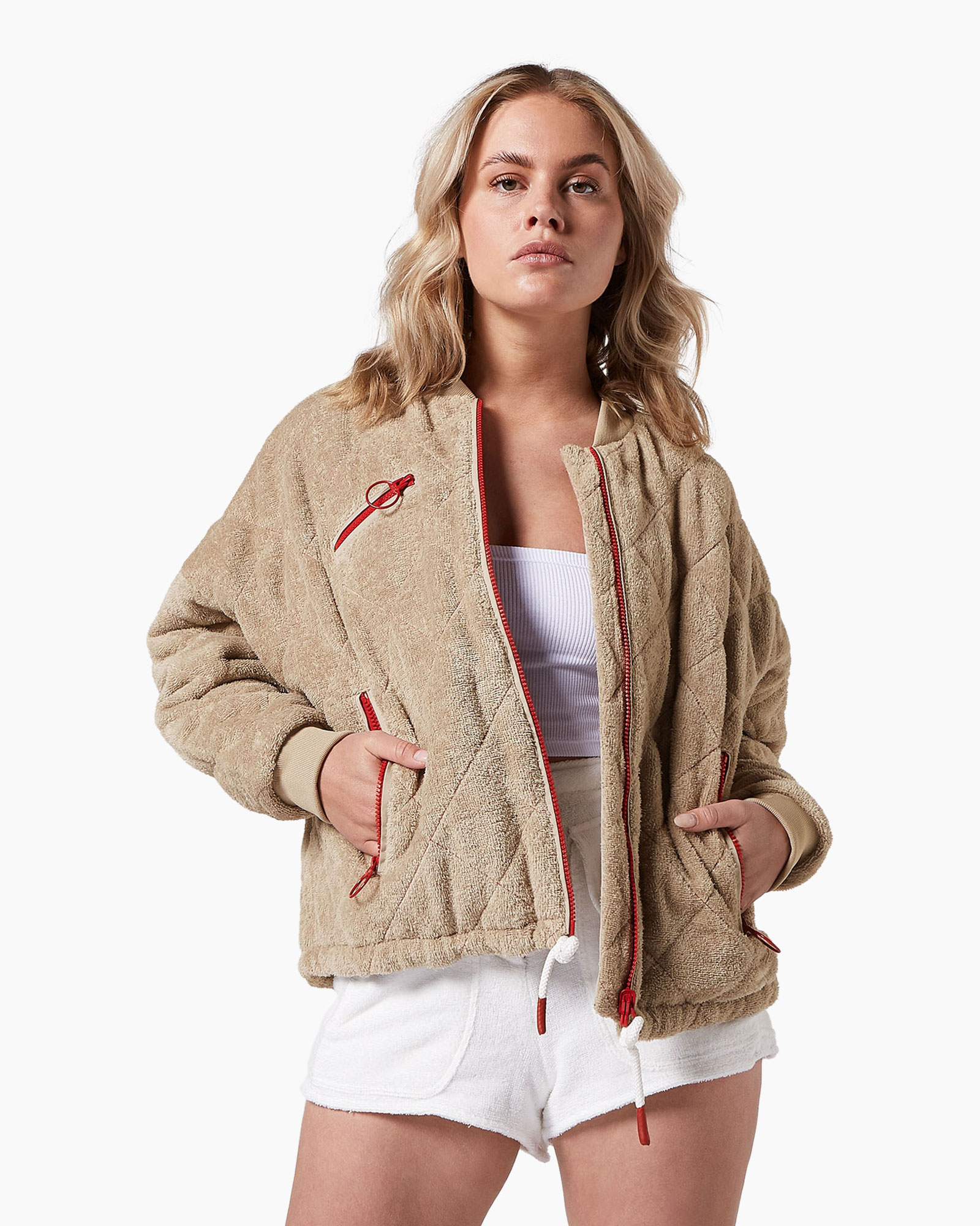 quilted, bomber, beige, fleece, zipper