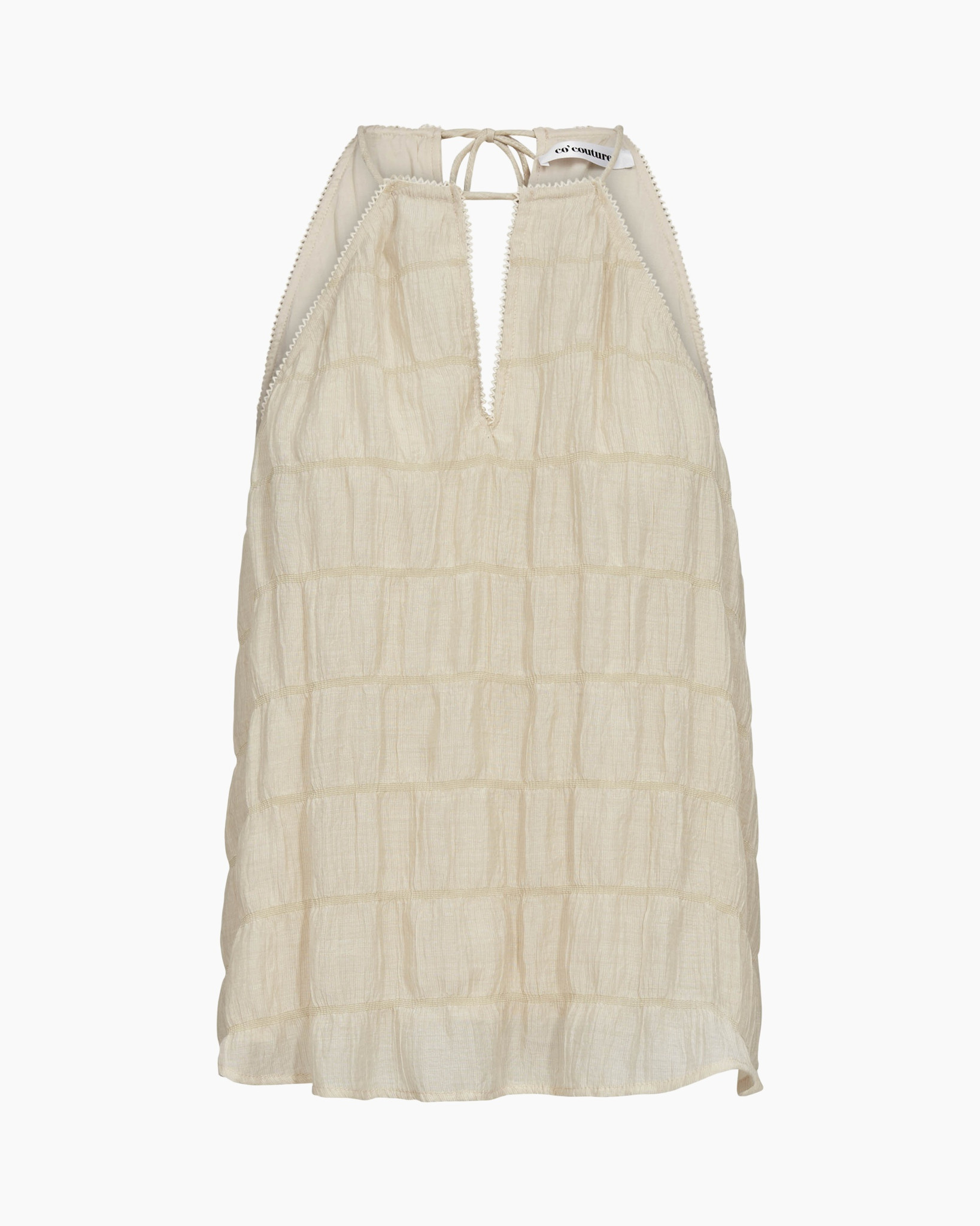 tank top, cream color, quilted fabric, sleeveless, tie strap