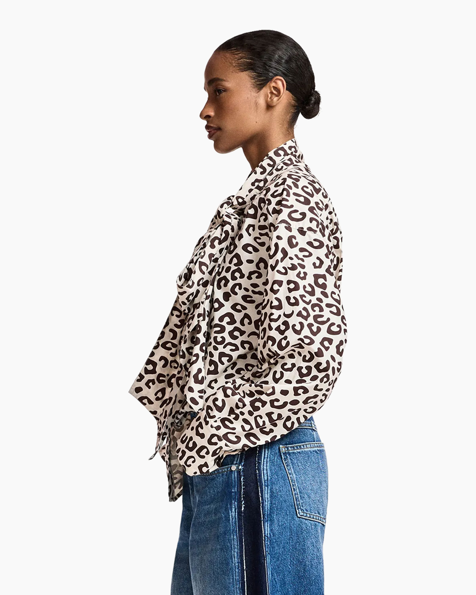 leopard print, blouse, long sleeve, wrap top, neutral beige