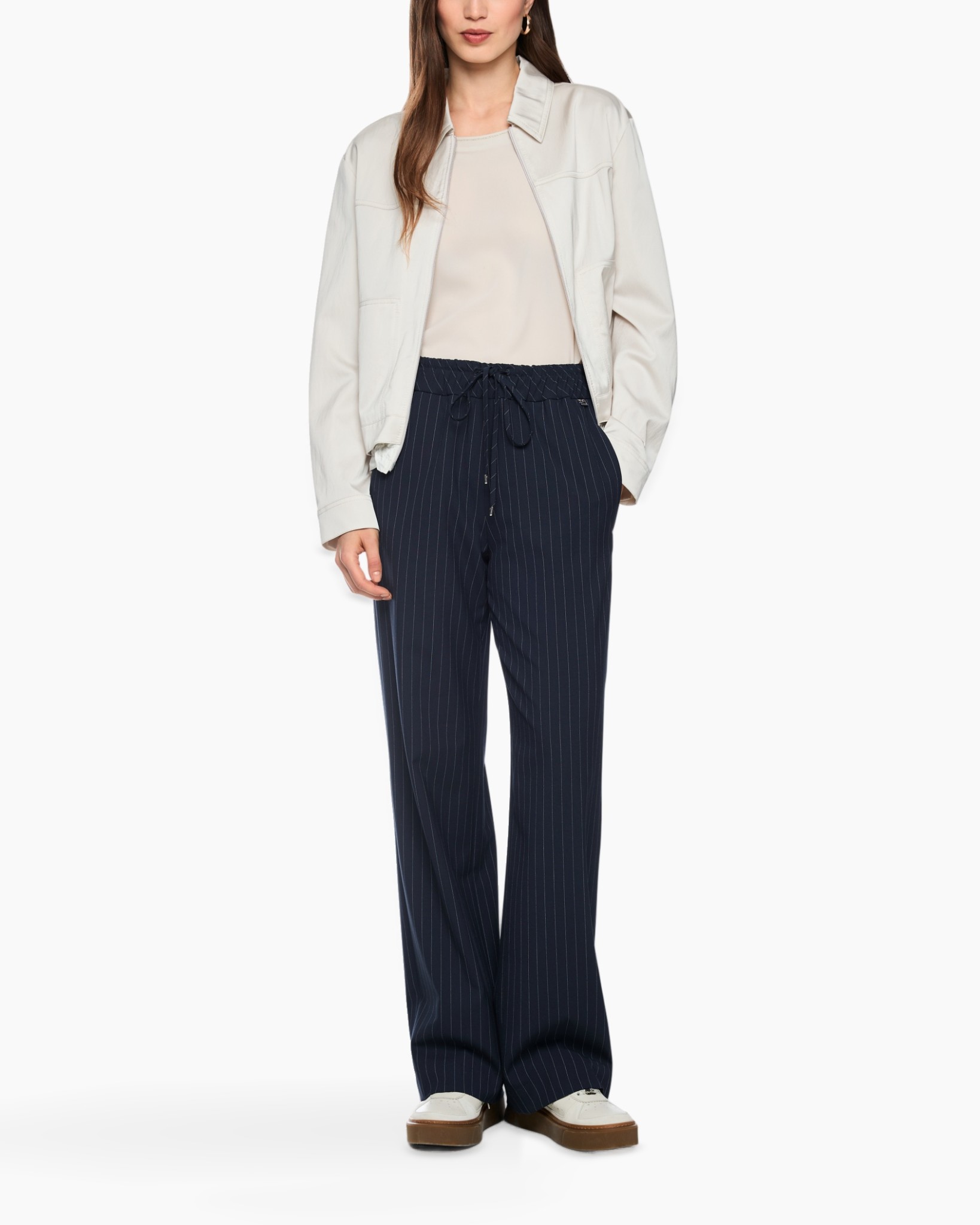 pants, pinstripes, drawstring, wide-leg, jacket