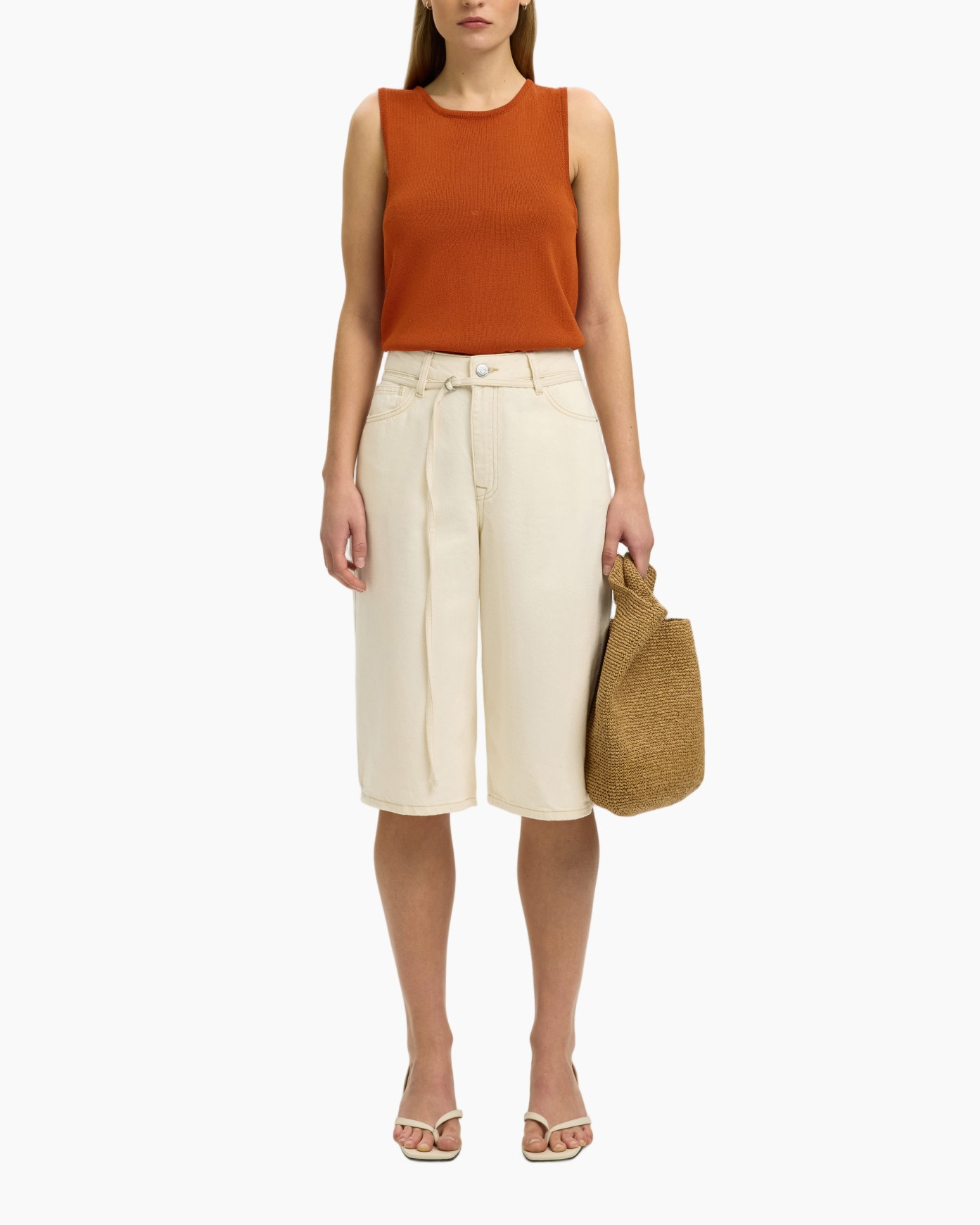 top, sleeveless, orange, tank, shorts, beige, straw bag, sandals