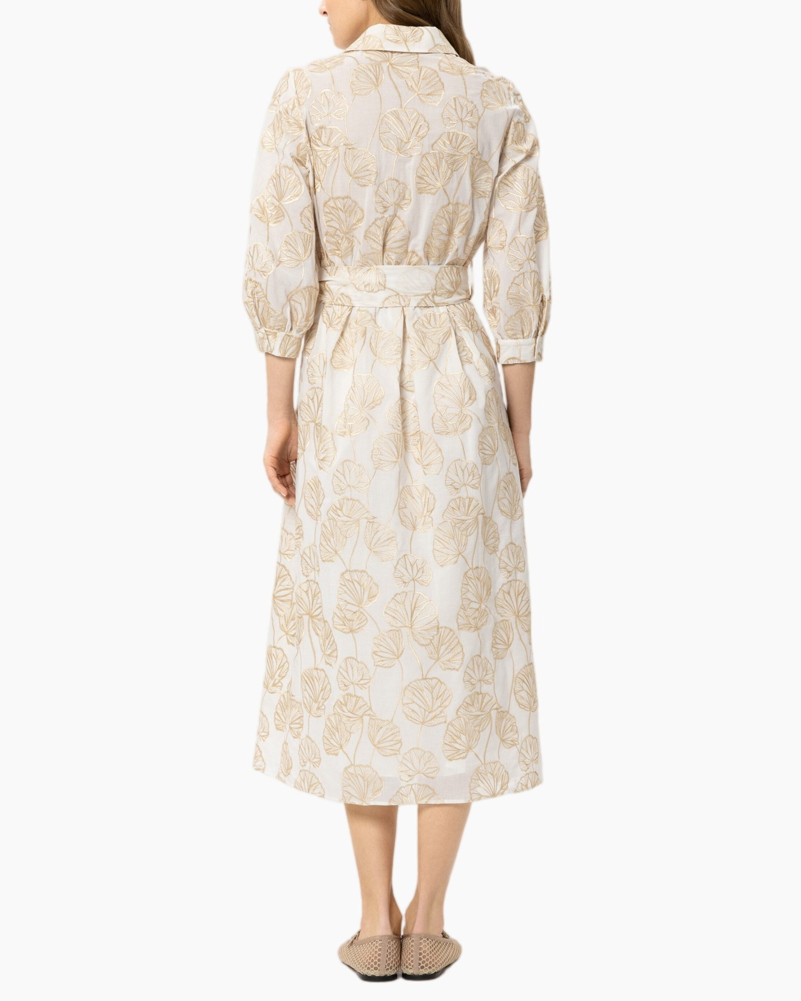 dress, calf-length, collared, belted, leaf print