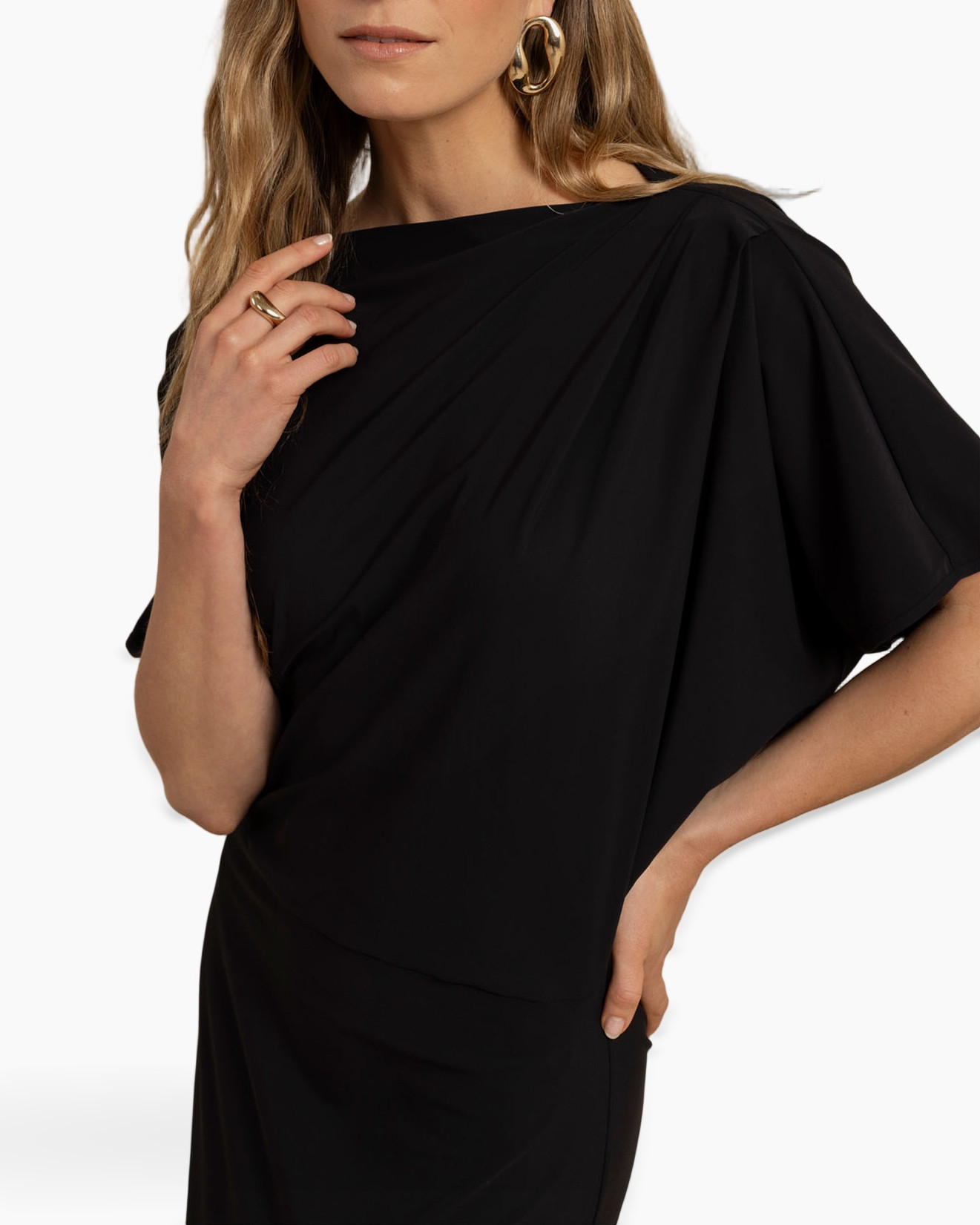black, dress, one-shoulder, pleated, twist-detail