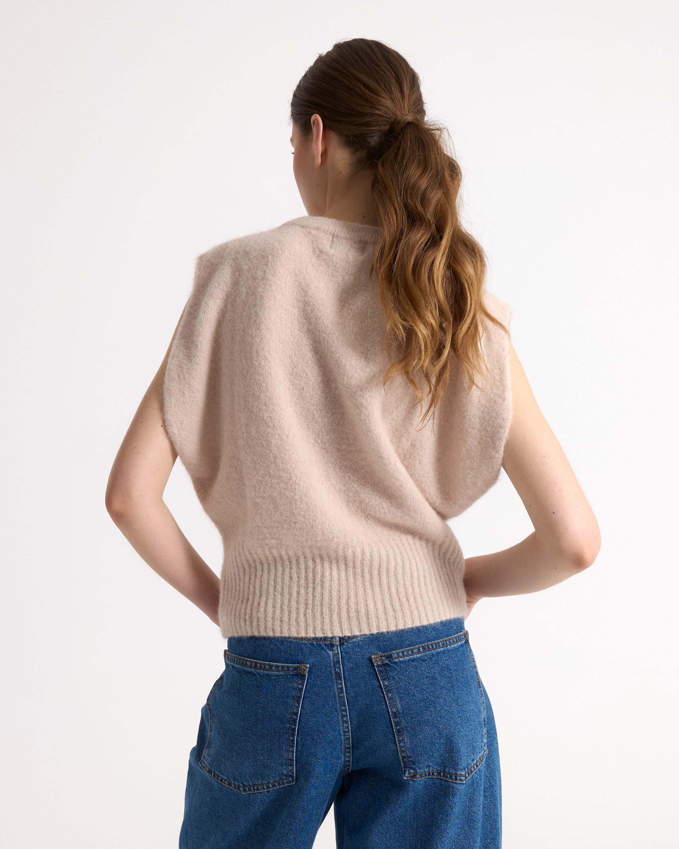 sweater, knit, beige, sleeveless, back view