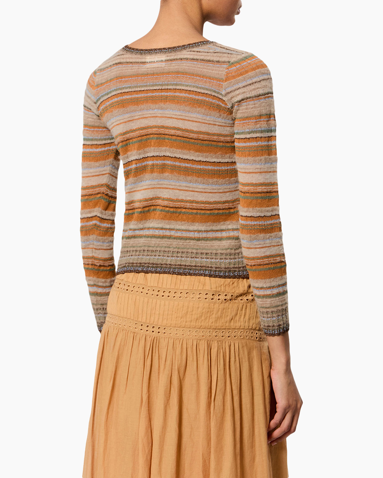 knit sweater, striped pattern, long sleeves, round neckline, colorful knit