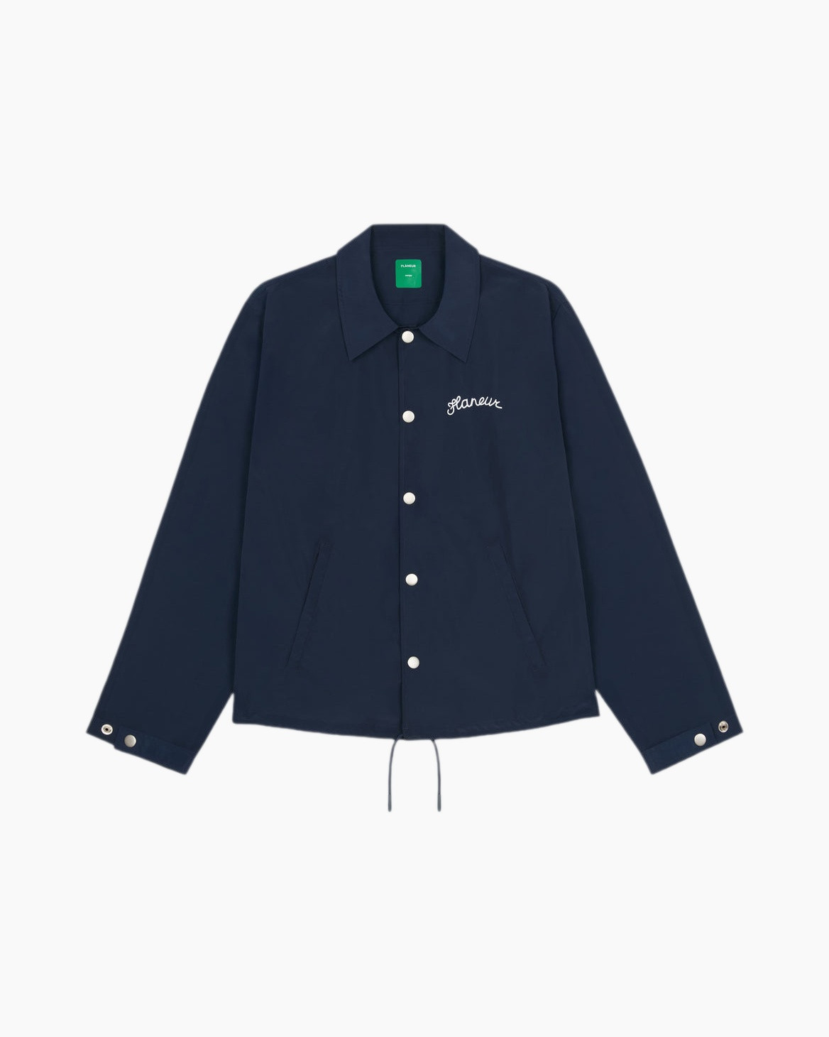 jacket, navy, button-down, drawstring, embroidery