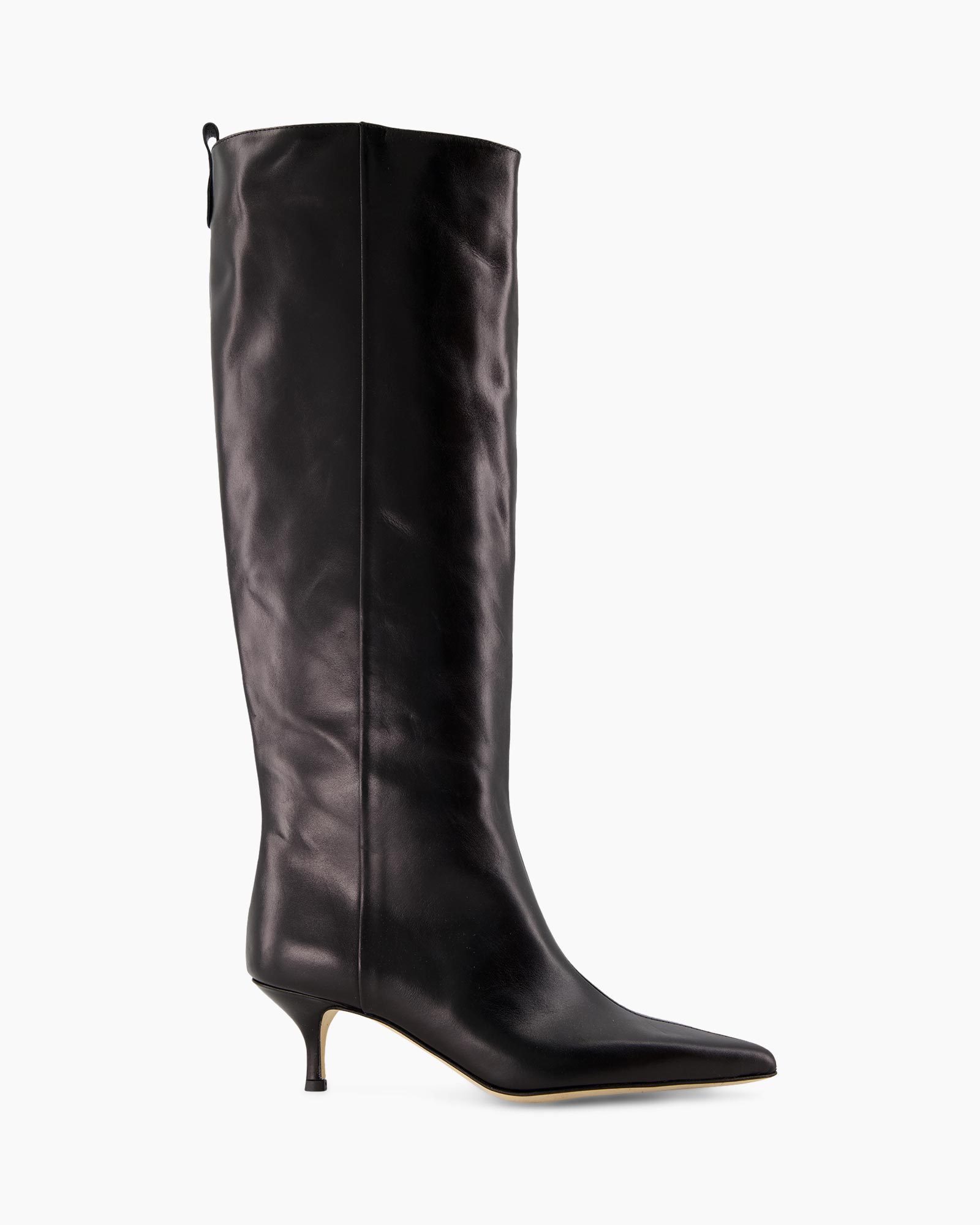 knee-high boots, black leather, mid heel, pointed toe, slim shaft