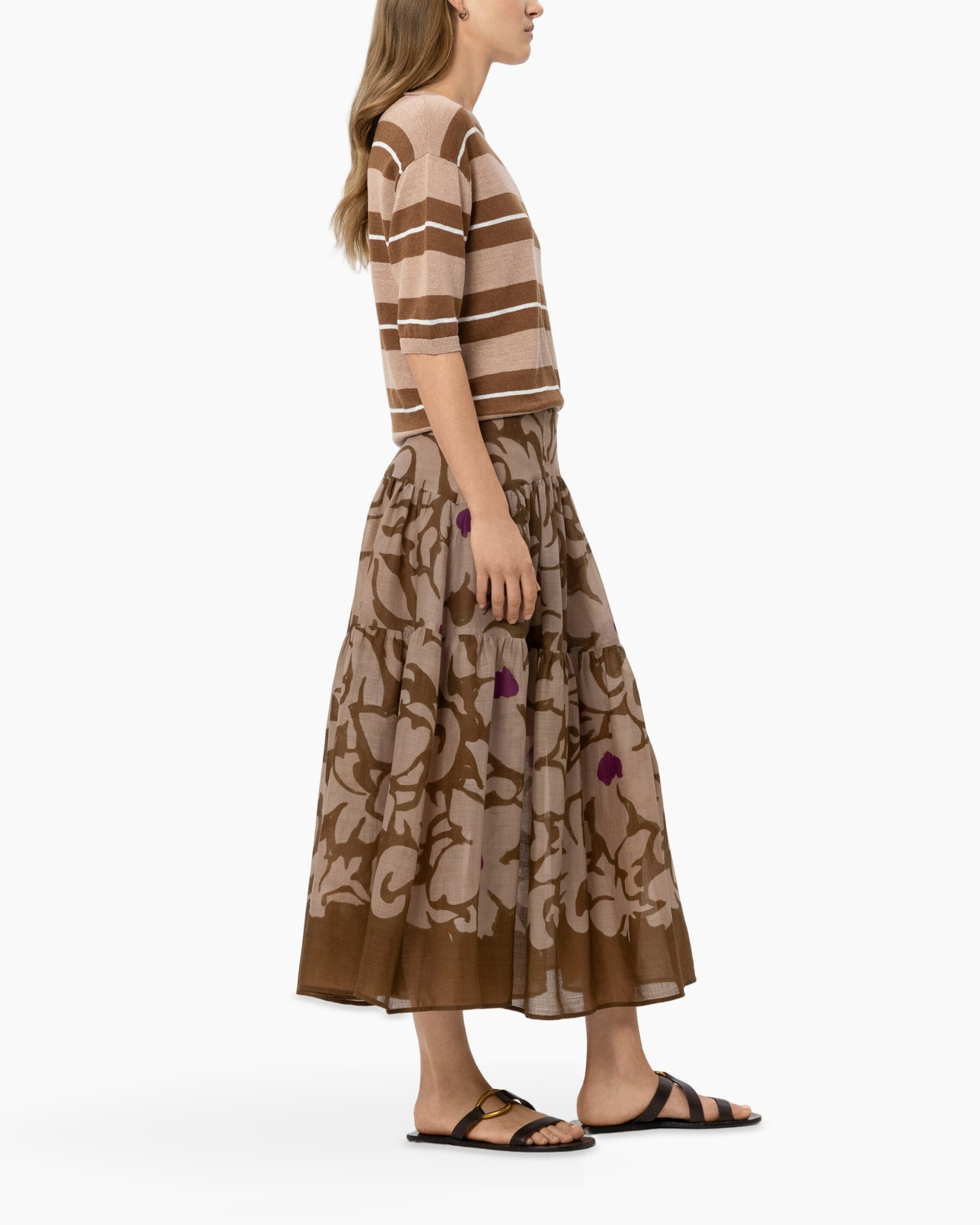 striped sweater, knit top, brown tones, ankle-length skirt, floral pattern