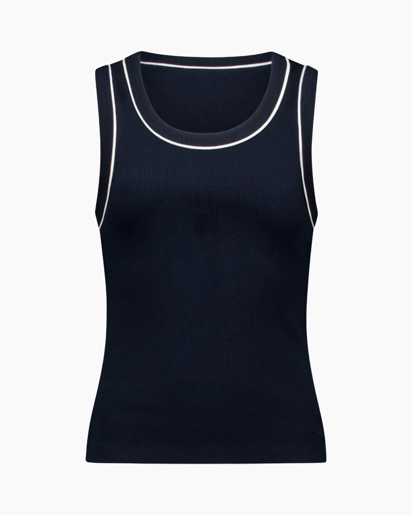 tank top, sleeveless, navy, ribbed, trimmed edges
