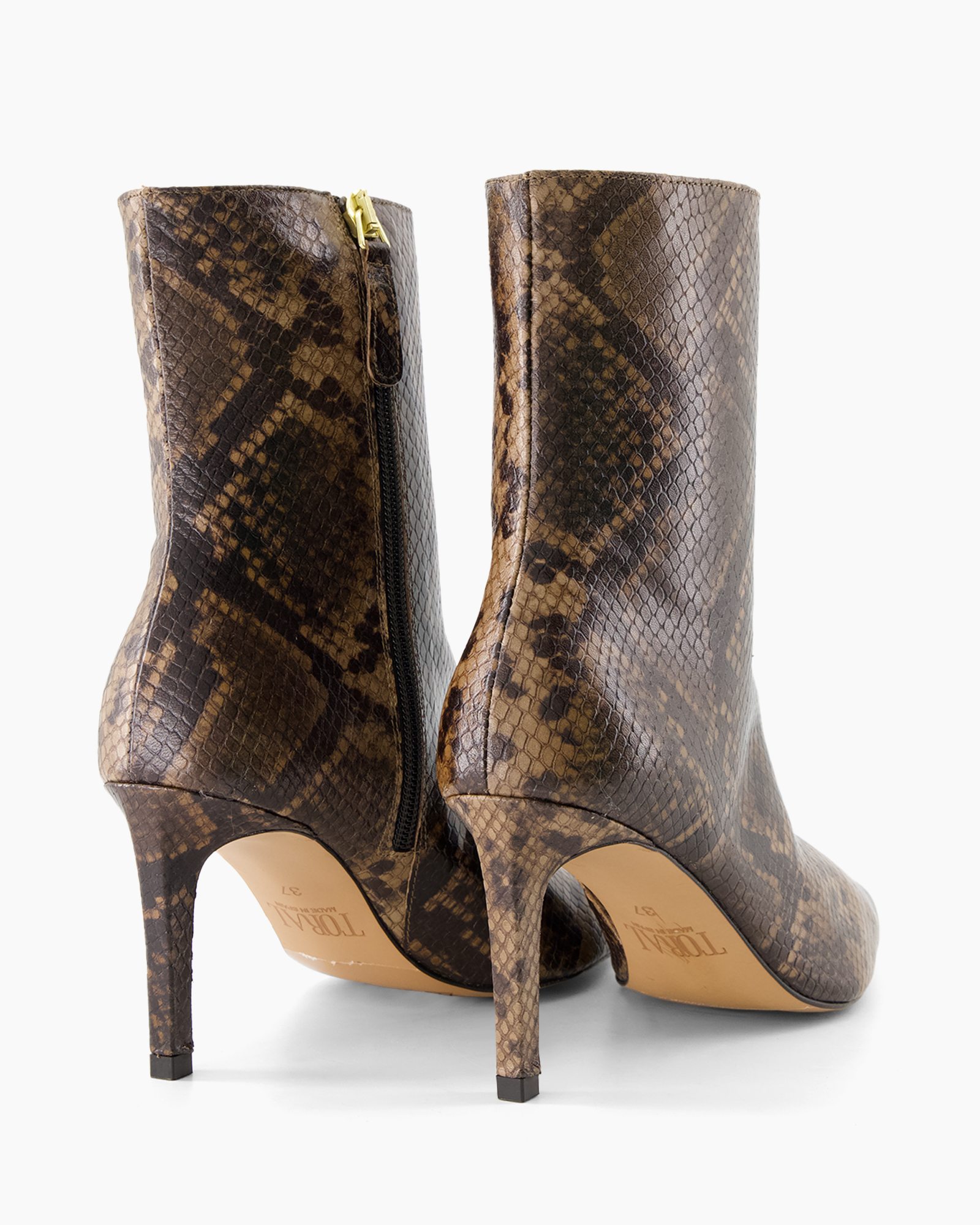 ankle boots, snakeskin, brown, zipper, stiletto heel