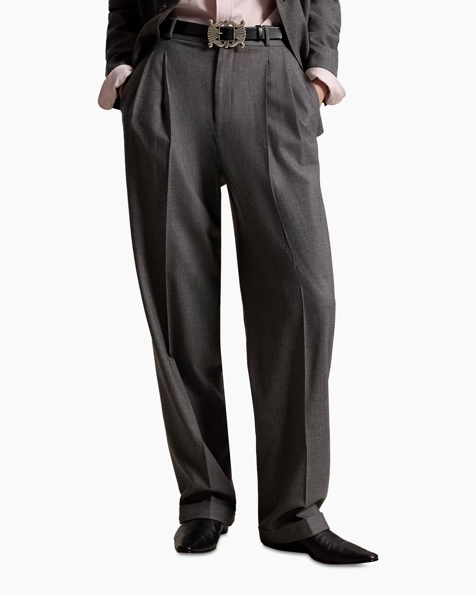 trousers, wide-leg, gray, pleated, belted